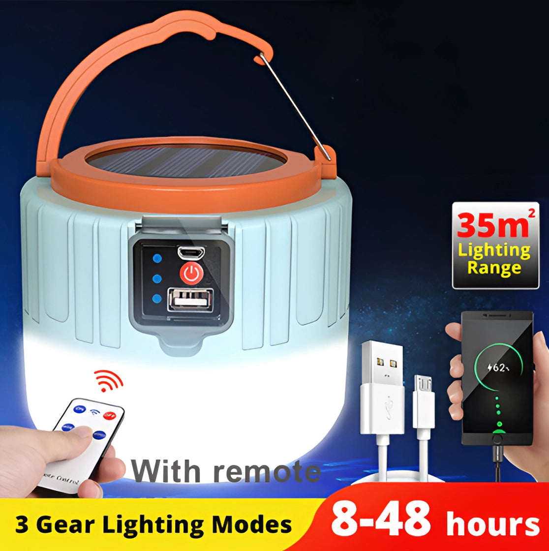 Portable Solar Camping Lantern - Waterproof LED Light with Remote Control, shown with its sleek design and built-in hanging hook.