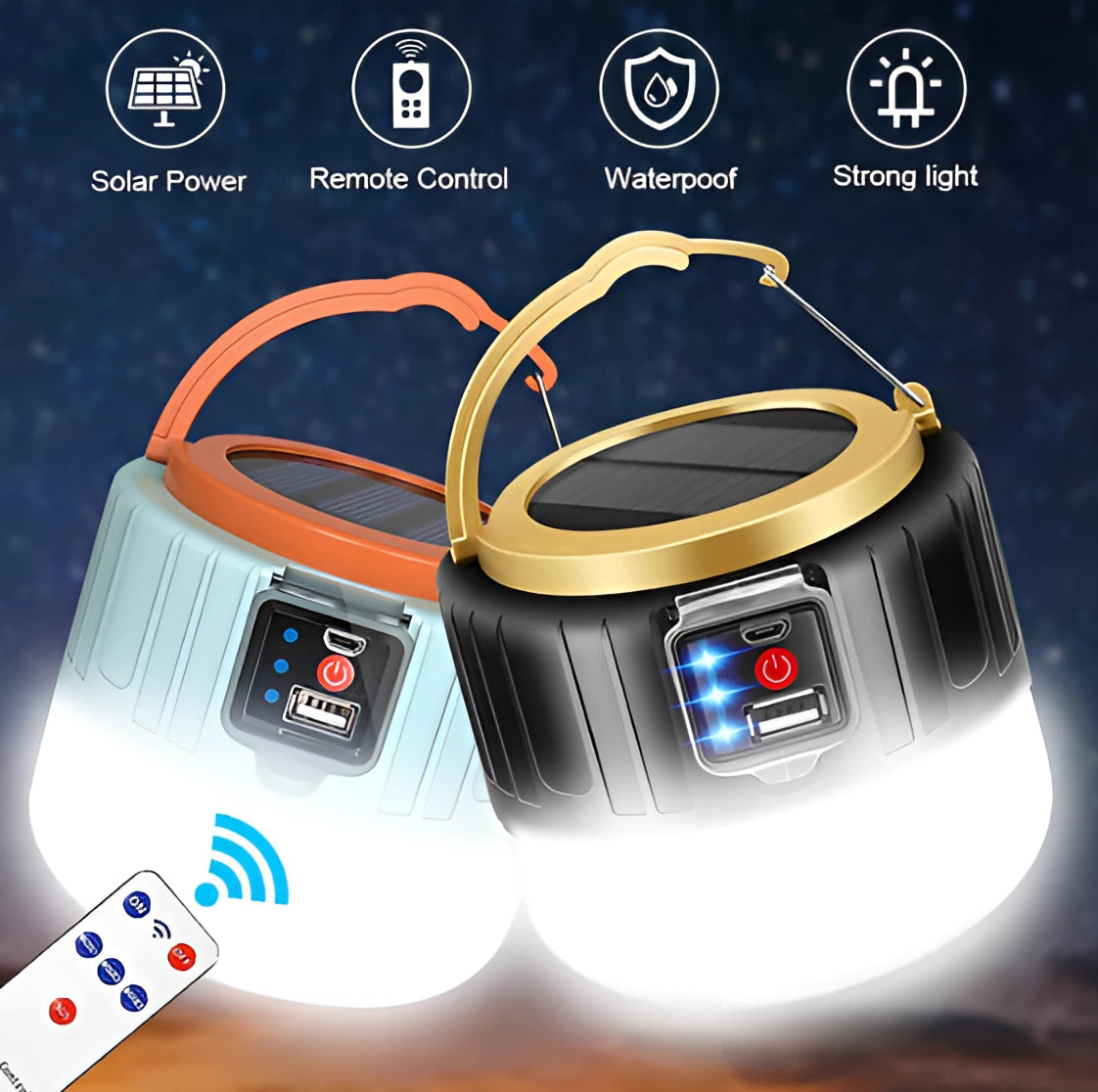 Portable solar camping lantern with waterproof LED light and remote control, showcasing its rugged design and electronic features.