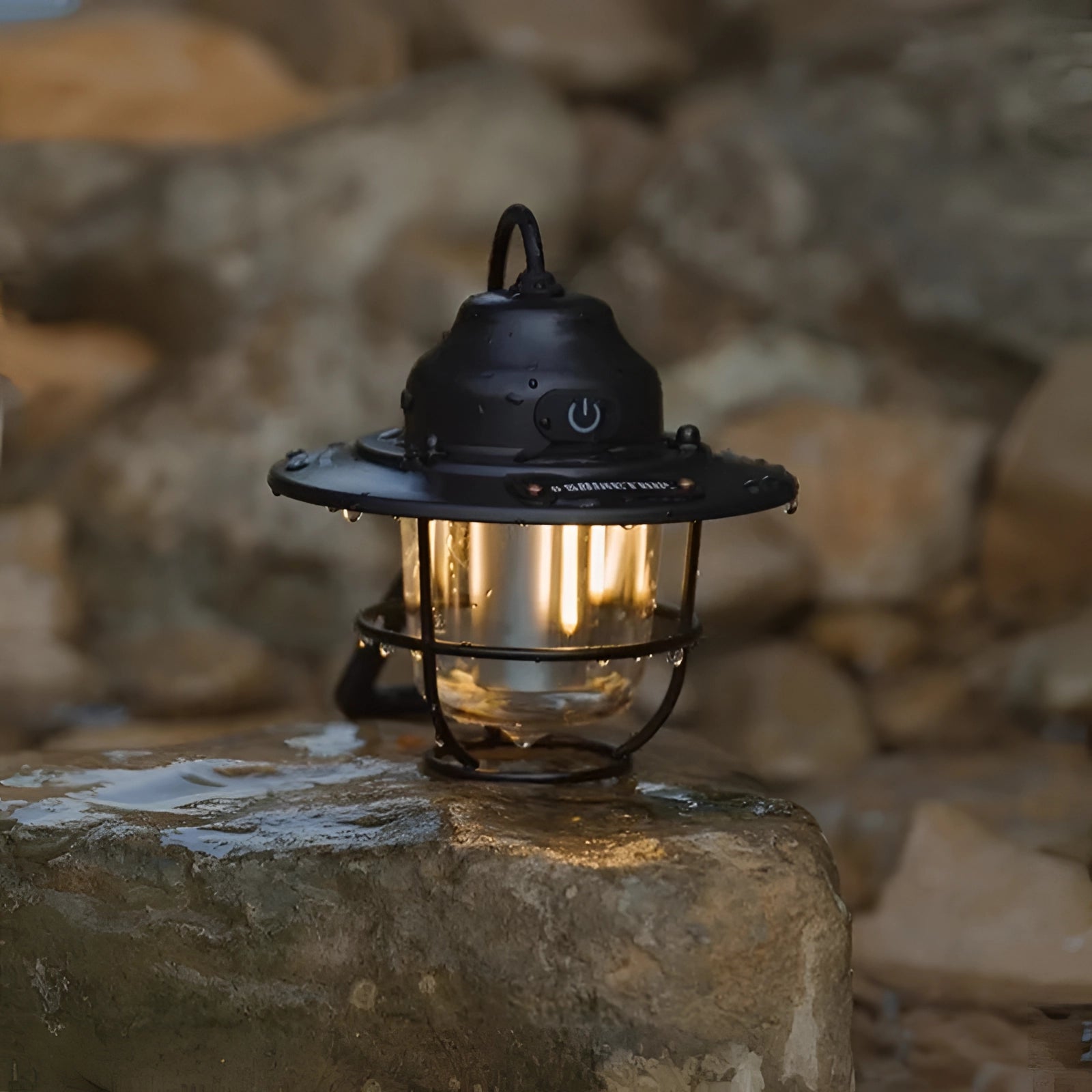 Portable Waterproof LED Camping Lantern with durable and eco-friendly design, placed outdoors near a tree and wooden surface.