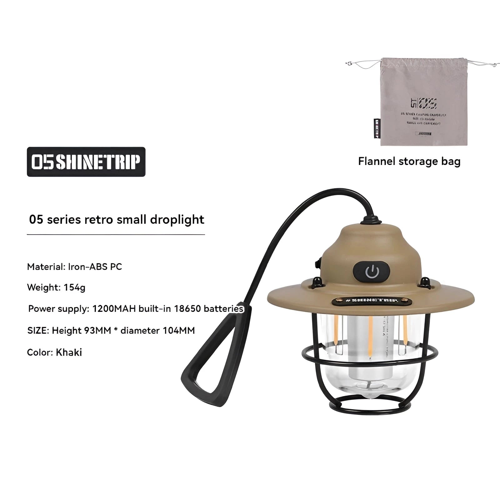 Portable waterproof LED camping lantern in khaki color, rechargeable and durable, eco-friendly design, placed on a surface with some outdoor gear in the background.