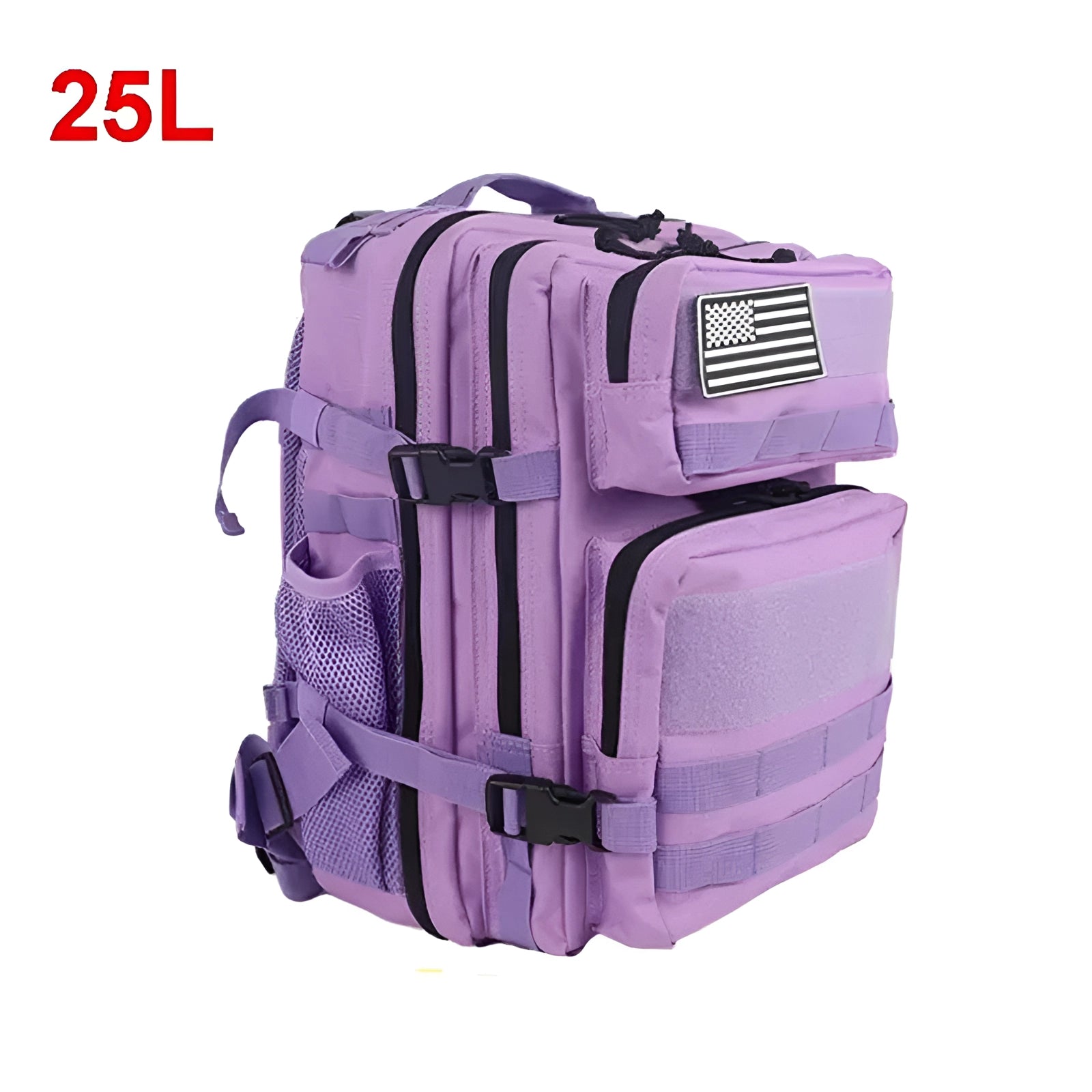 Purple tactical backpack with MOLLE system, military-grade, water-resistant, 25L capacity, designed for travel and outdoor activities, featuring a rectangular shape.