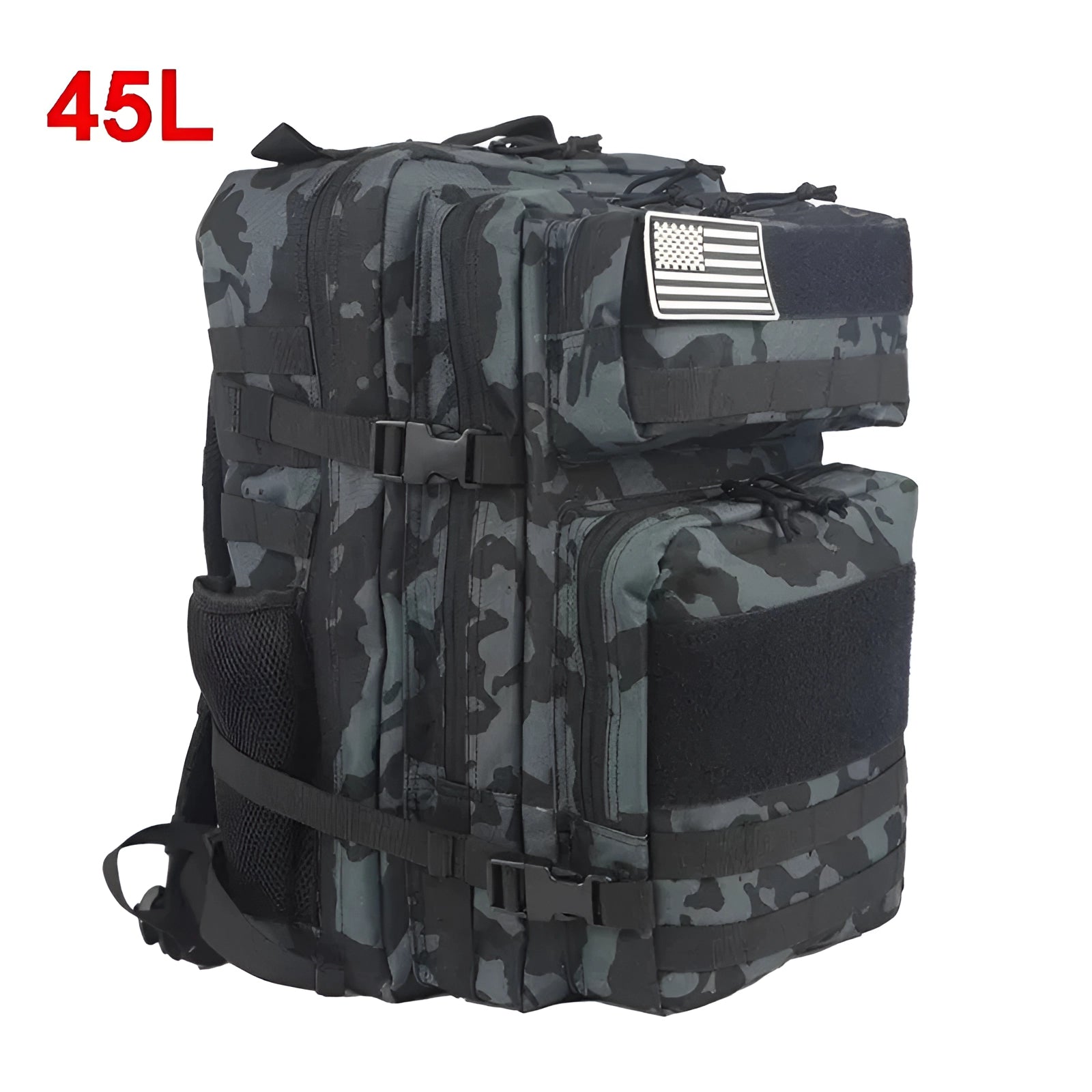 
A 45L black camo military-grade tactical backpack designed with a MOLLE system, featuring a water-resistant exterior and multiple compartments, suitable for outdoor activities and personal protective equipment storage.