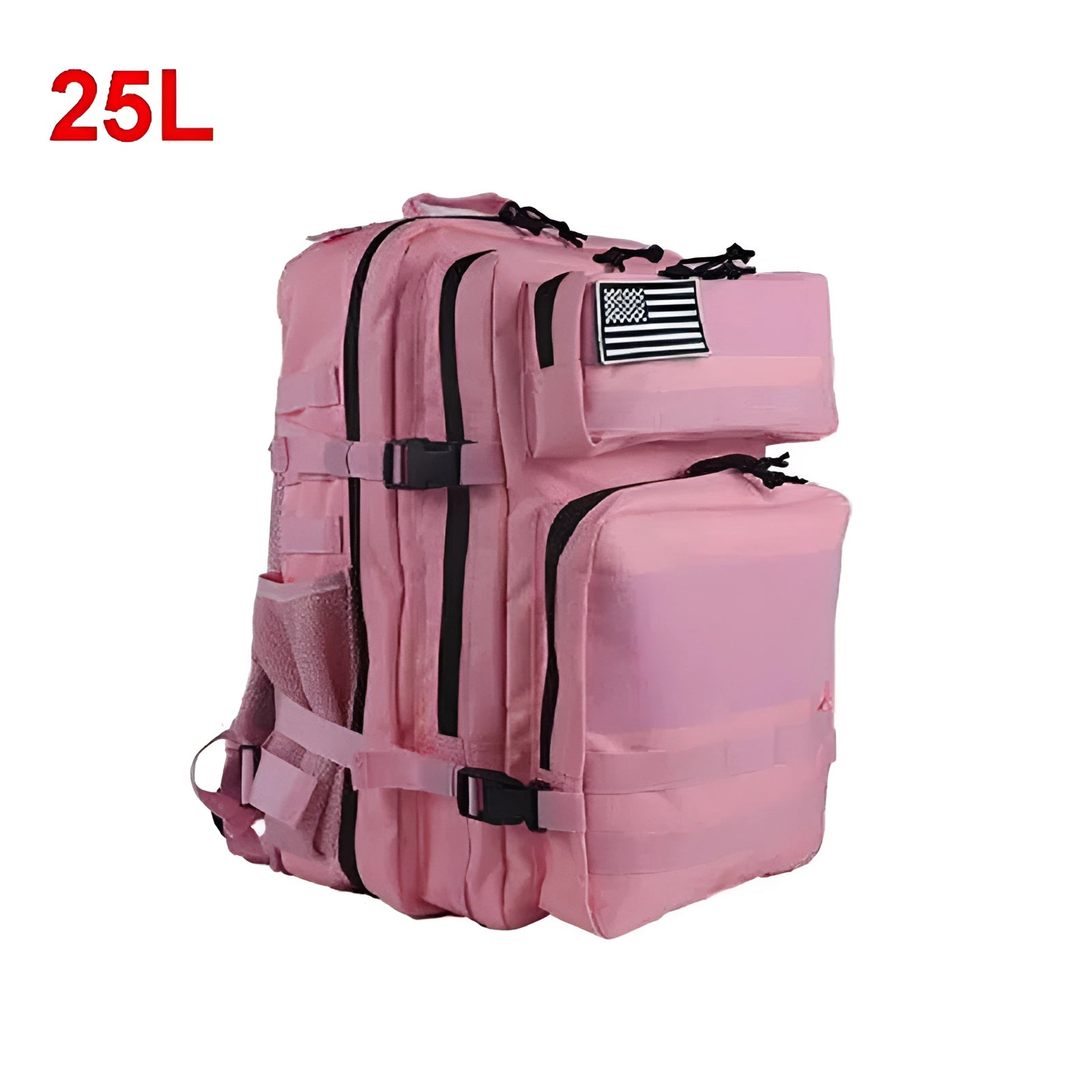 A 25L pink tactical backpack with MOLLE system, featuring a military-grade and water-resistant design, suitable for travel and outdoor activities.