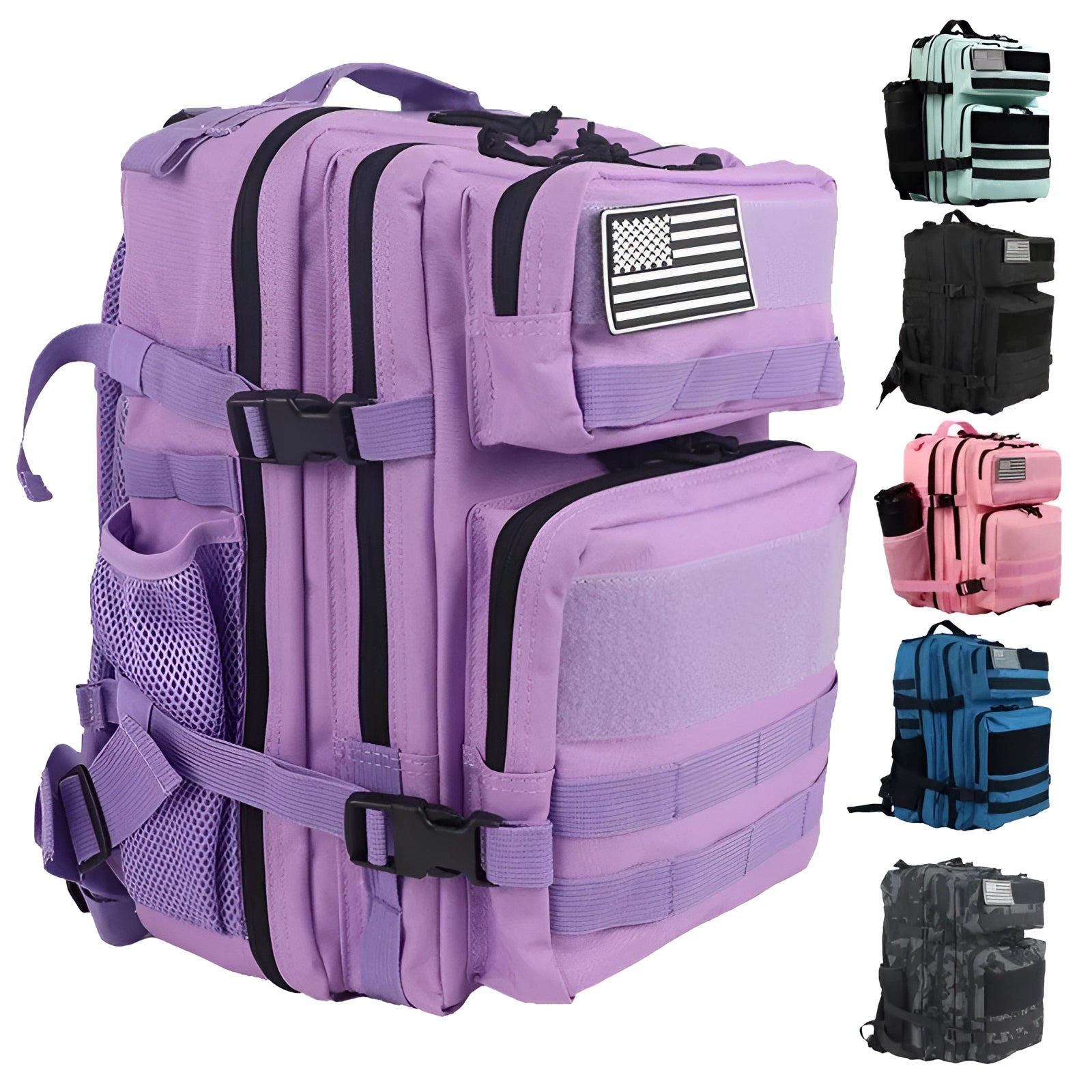 Purple tactical backpack with MOLLE system, military-grade and water-resistant, designed for travel and adventure.