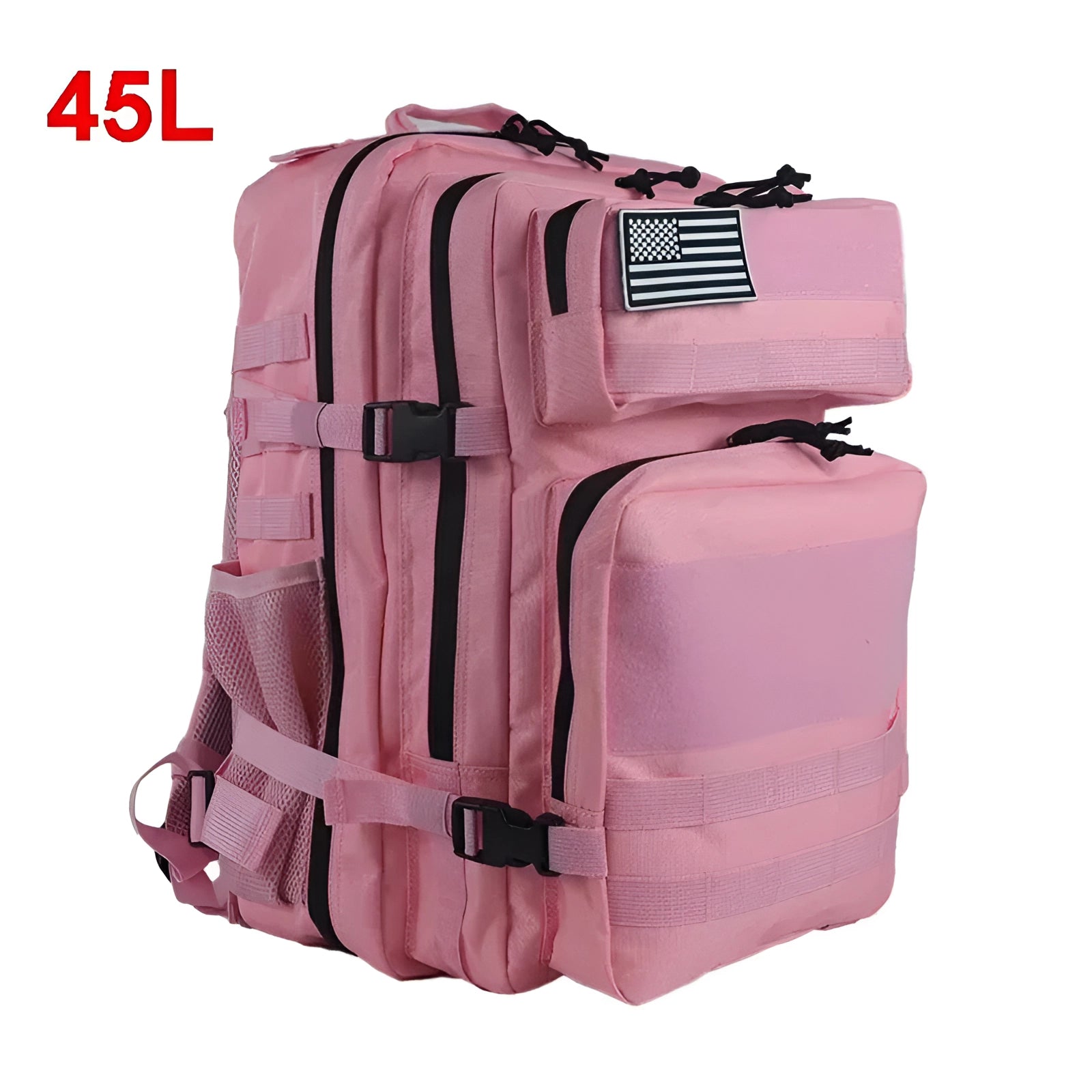 Pink tactical backpack with MOLLE system, military-grade and water-resistant, featuring a 45L capacity, suitable for travel, showcasing a rectangular shape and fashion-forward design.