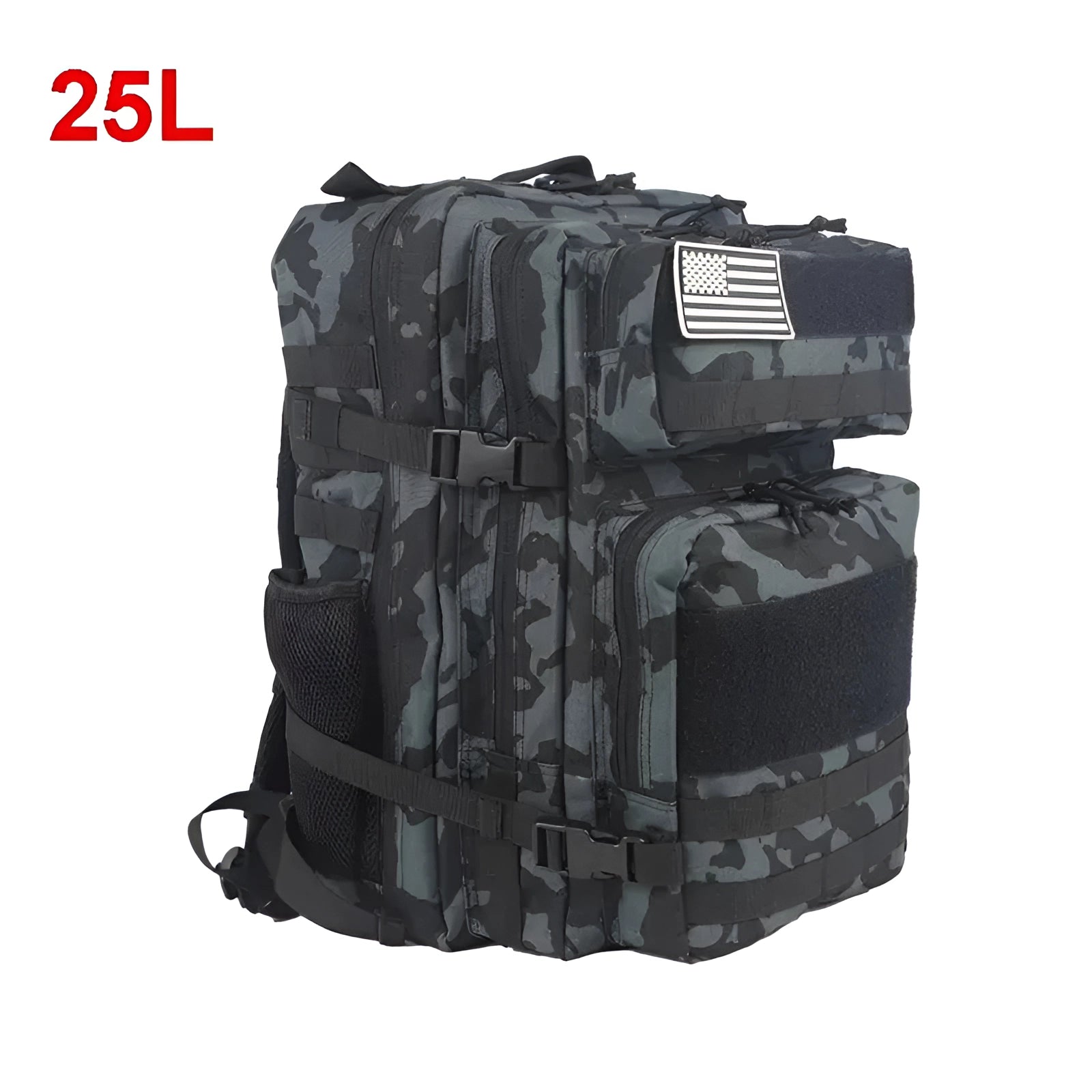 Purple tactical backpack with MOLLE system in black camouflage design, featuring military-grade, water-resistant material, displayed outdoors.