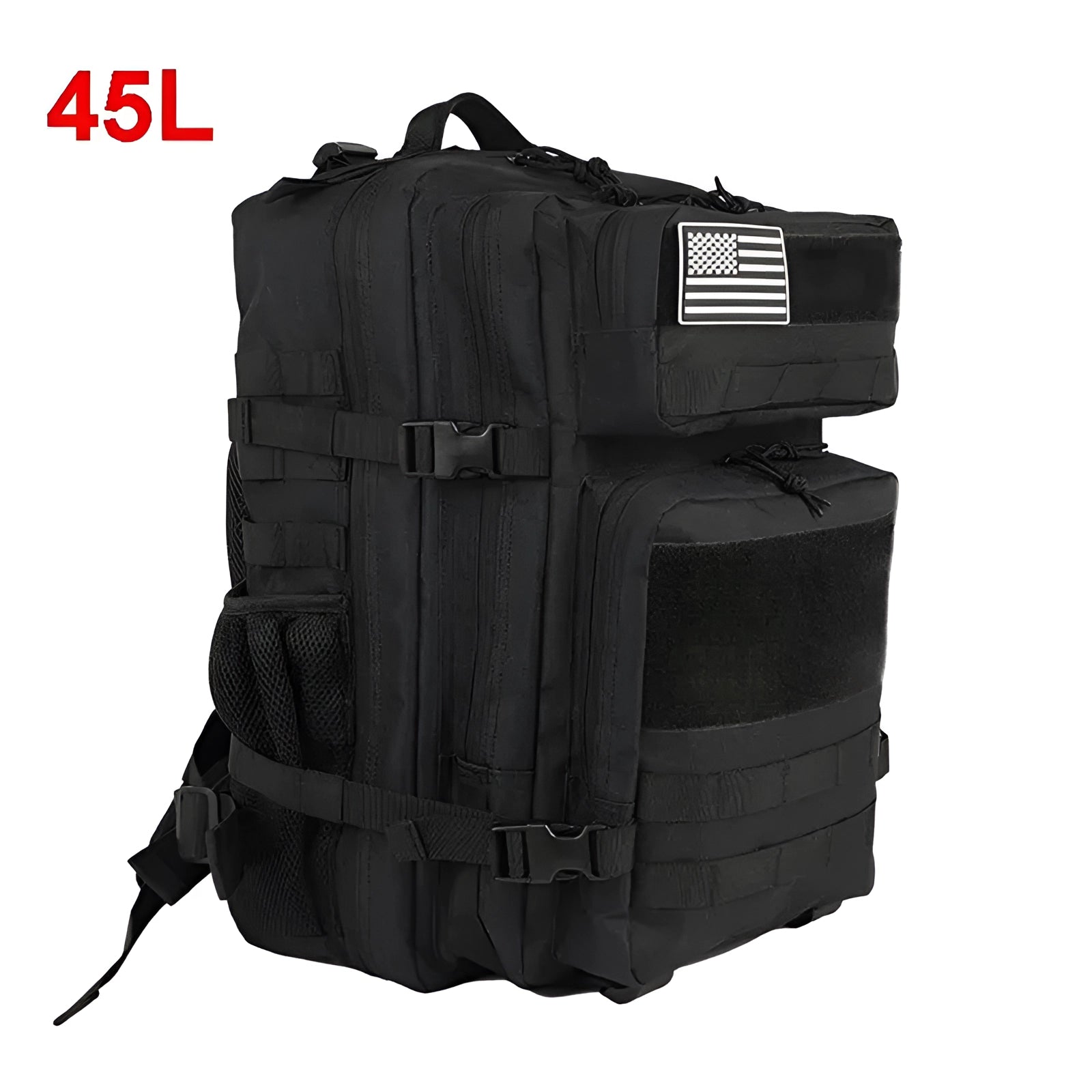 Black tactical backpack featuring a 45-liter capacity, designed with MOLLE webbing for military-grade utility and water-resistant material, ideal for outdoor adventures and personal protection needs.