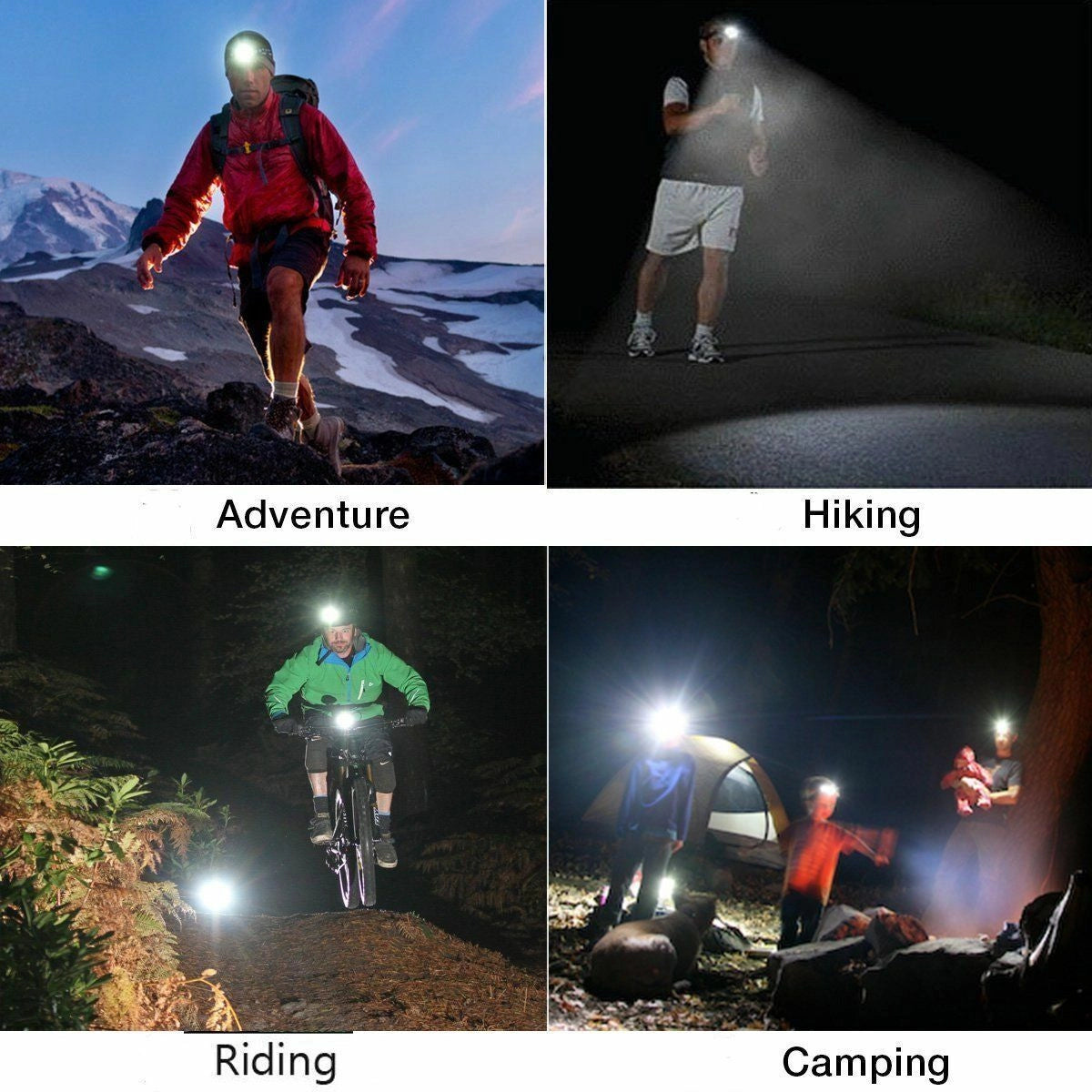 Rechargeable high lumens LED headlamp being used outdoors at night, illuminating the surroundings, with a clear sky and clouds in the background.