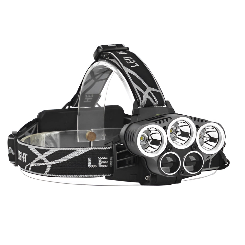 Rechargeable high lumens LED headlamp, waterproof and adjustable for outdoor use, featuring a sleek design in monochrome photography.