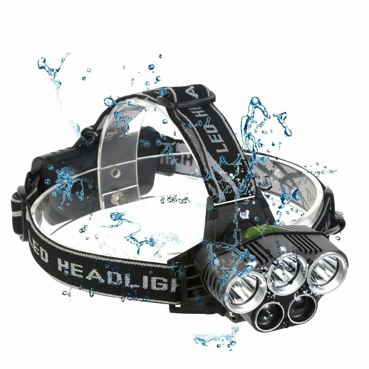 Rechargeable High Lumens LED Headlamp with adjustable strap, waterproof design, shown mounted on a vehicle tire.