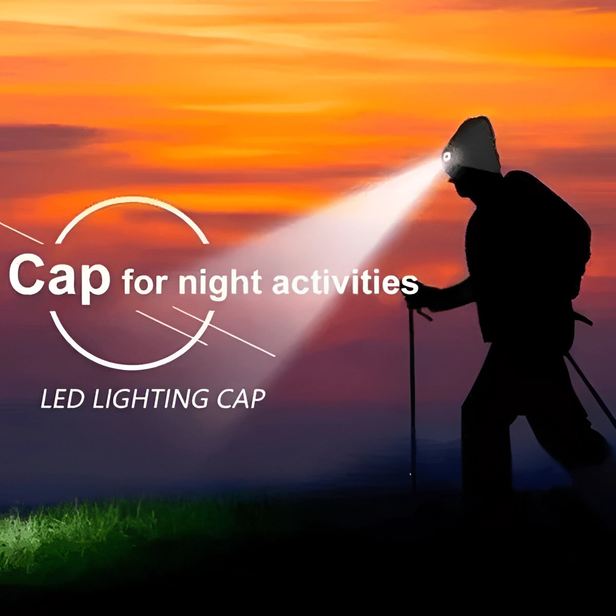 Unisex lighted winter cap with rechargeable LED, worn by a person outdoors at sunrise with a clear sky and happy expression.