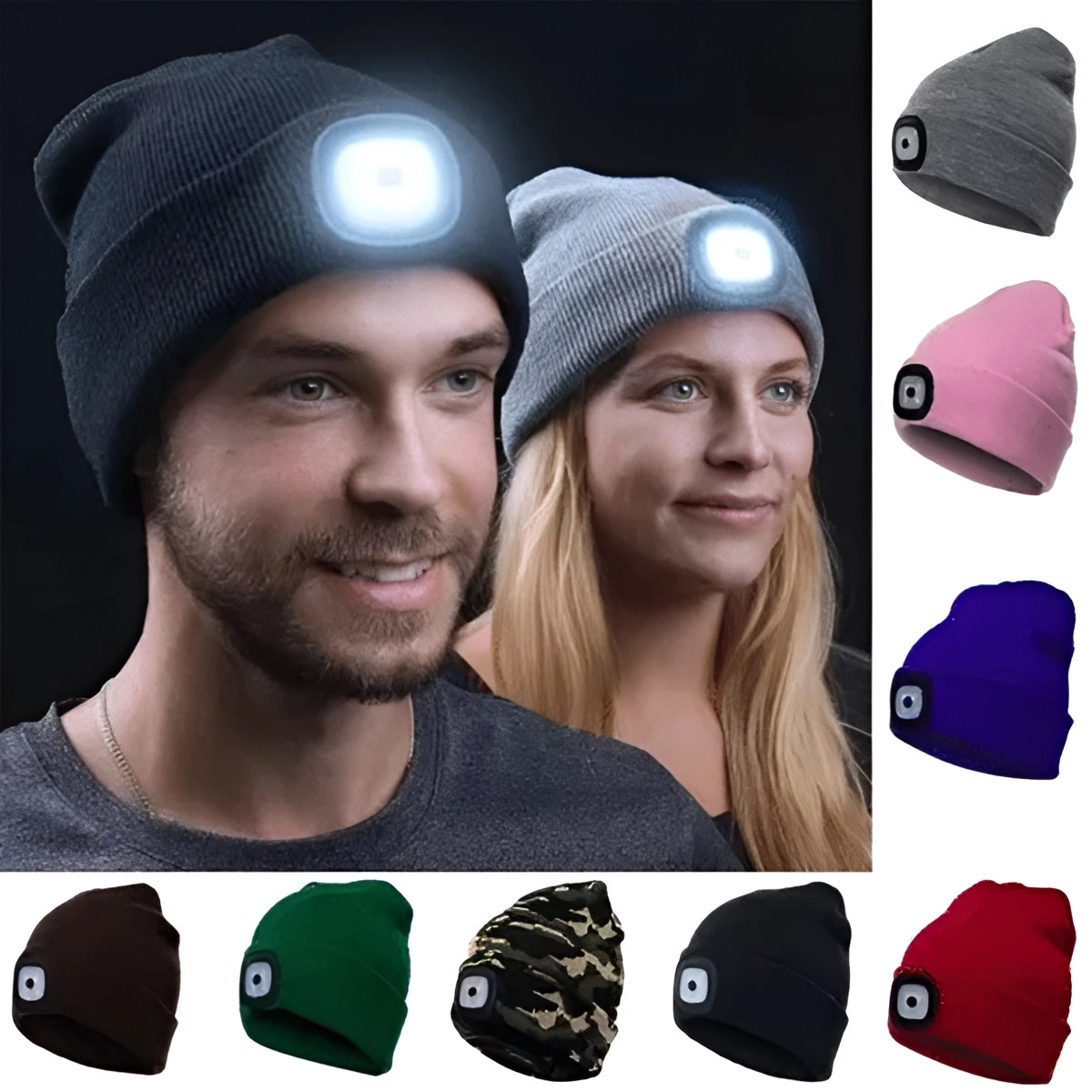 Person wearing a rechargeable LED beanie hat, smiling with a beard, showcasing the unisex lighted winter cap designed for outdoor activities.