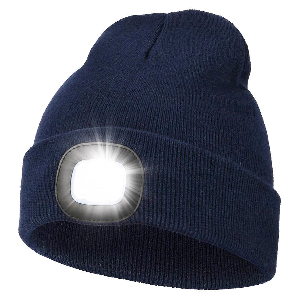 Unisex rechargeable LED beanie hat in blue, worn by a person, highlighting winter cap suitable for outdoor activities.