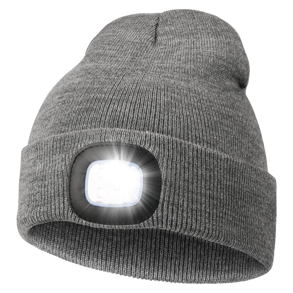 Gray Rechargeable LED Beanie Hat - Unisex Lighted Winter Cap for Outdoor Activities with woolen texture and stylish pattern.