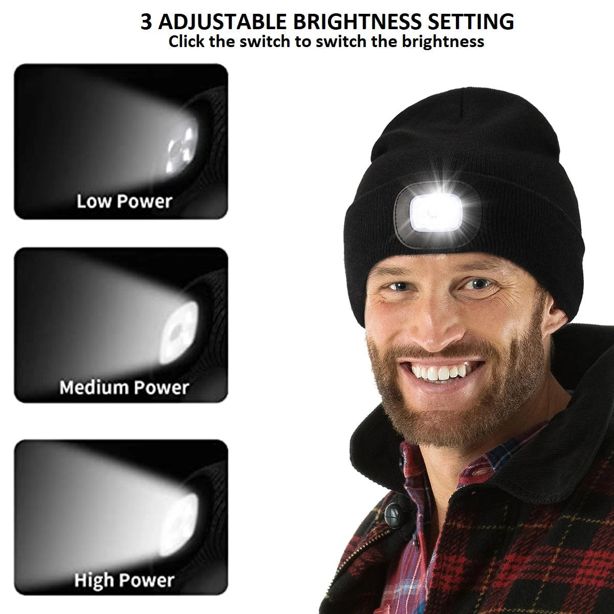 A smiling man with a beard wearing a rechargeable LED beanie hat and a plaid shirt.