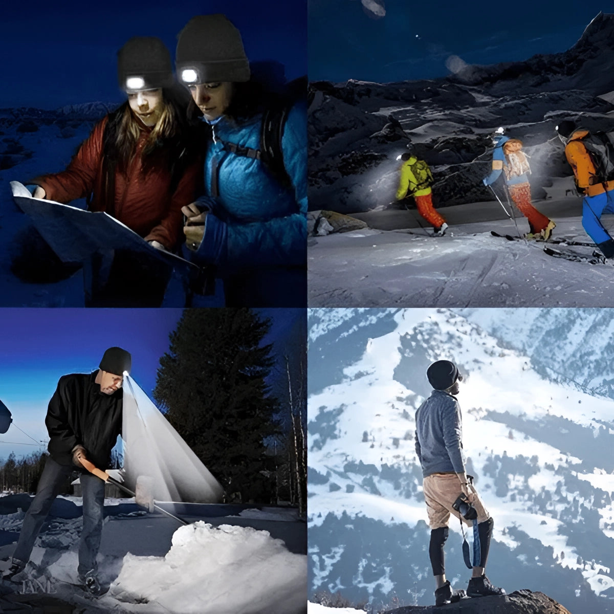 Rechargeable LED beanie hat for outdoor activities, worn by a person in a snowy, glacial landscape.