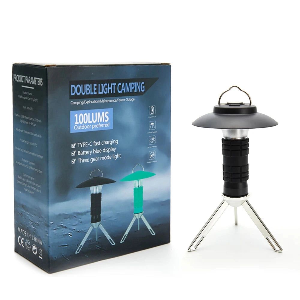 Rechargeable LED Camping Lantern in black, portable and waterproof, with Type-C fast charge feature, shown in a cylindrical metal design.