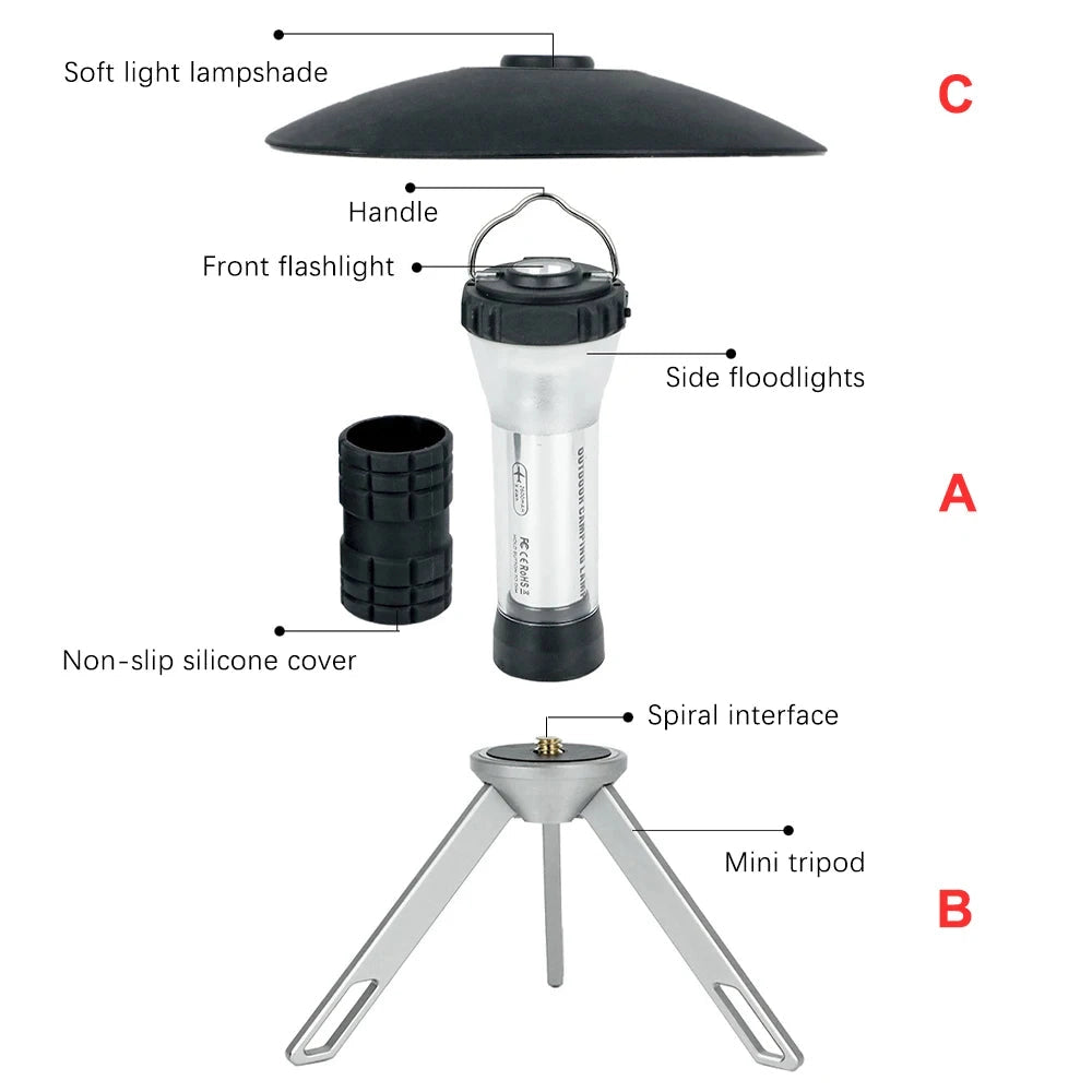 Rechargeable LED camping lantern, portable and waterproof, featuring Type-C fast charge capability.