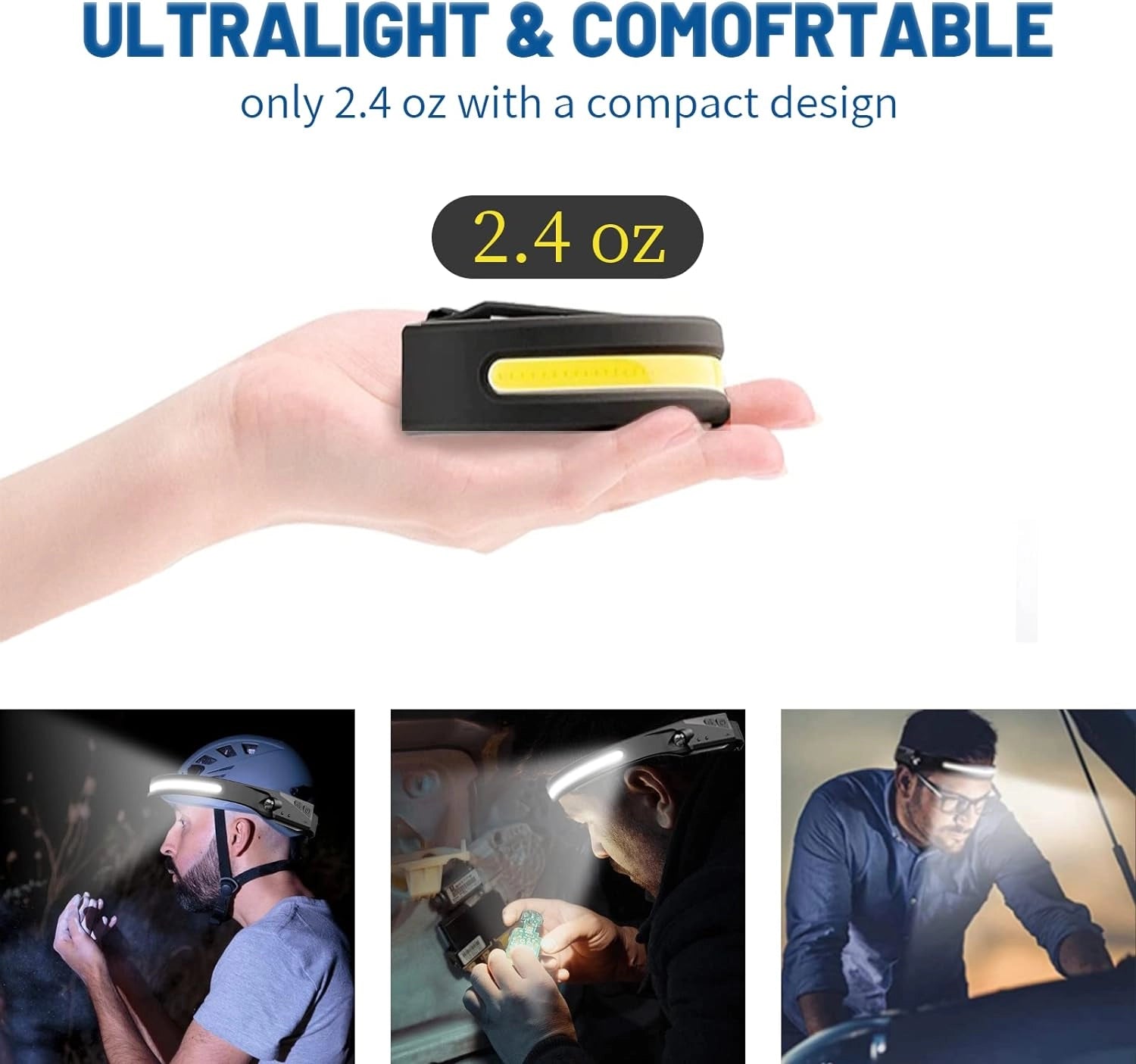 Rechargeable LED headlamp with adjustable strap and USB port, shown in yellow, held in hand with thumb up gesture.