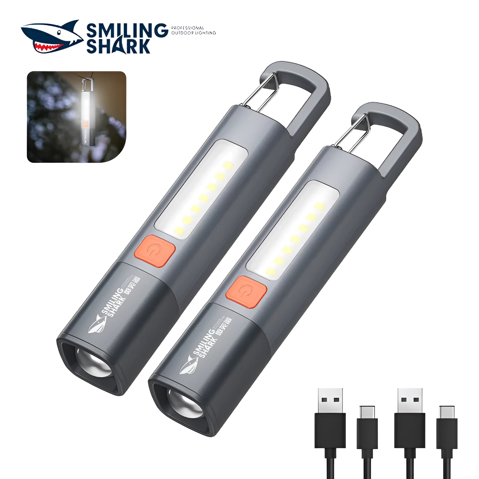 Rechargeable USB Smiling Shark LED Flashlight - Waterproof Outdoor Torch, featuring a durable cylindrical design and a cheerful shark face illustration.