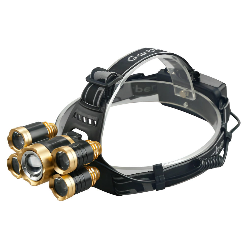 Rechargeable waterproof LED headlamp, lightweight and adjustable, with a durable strap and bright light suitable for outdoor and automotive use.