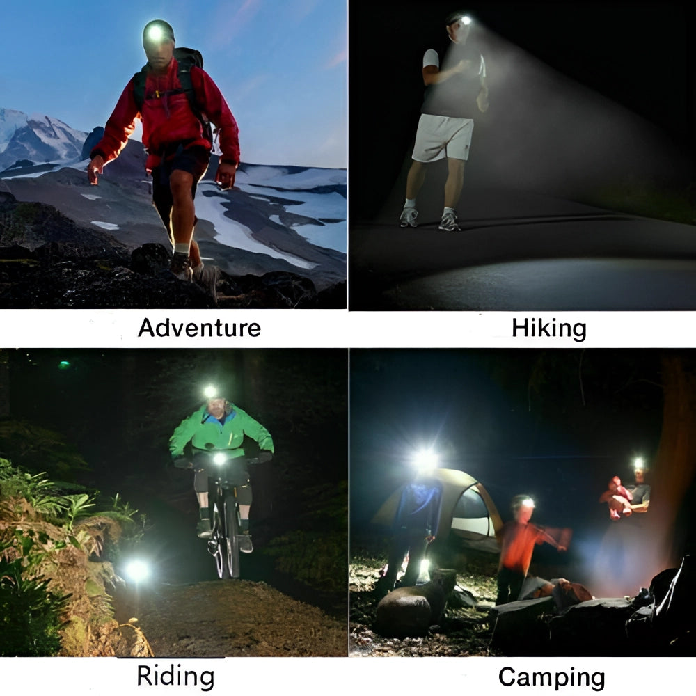 A person wearing a rechargeable waterproof LED headlamp in an outdoor setting with a cloudy sky in the background.