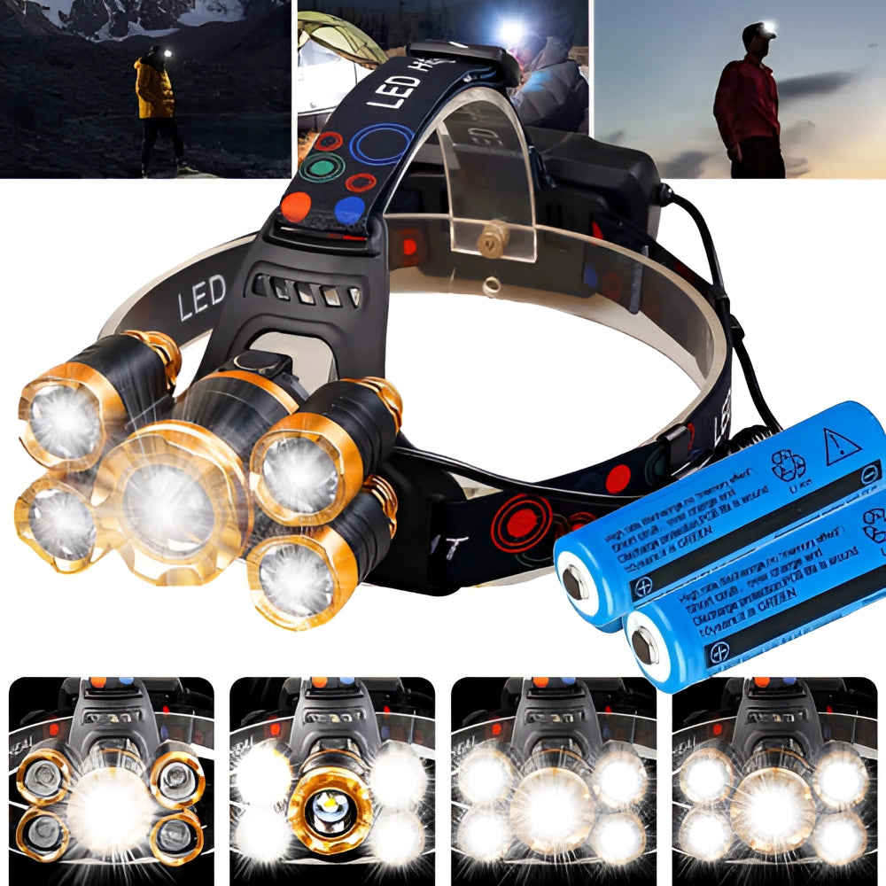 Rechargeable waterproof LED headlamp, lightweight and adjustable, showing bright illumination with durable design.