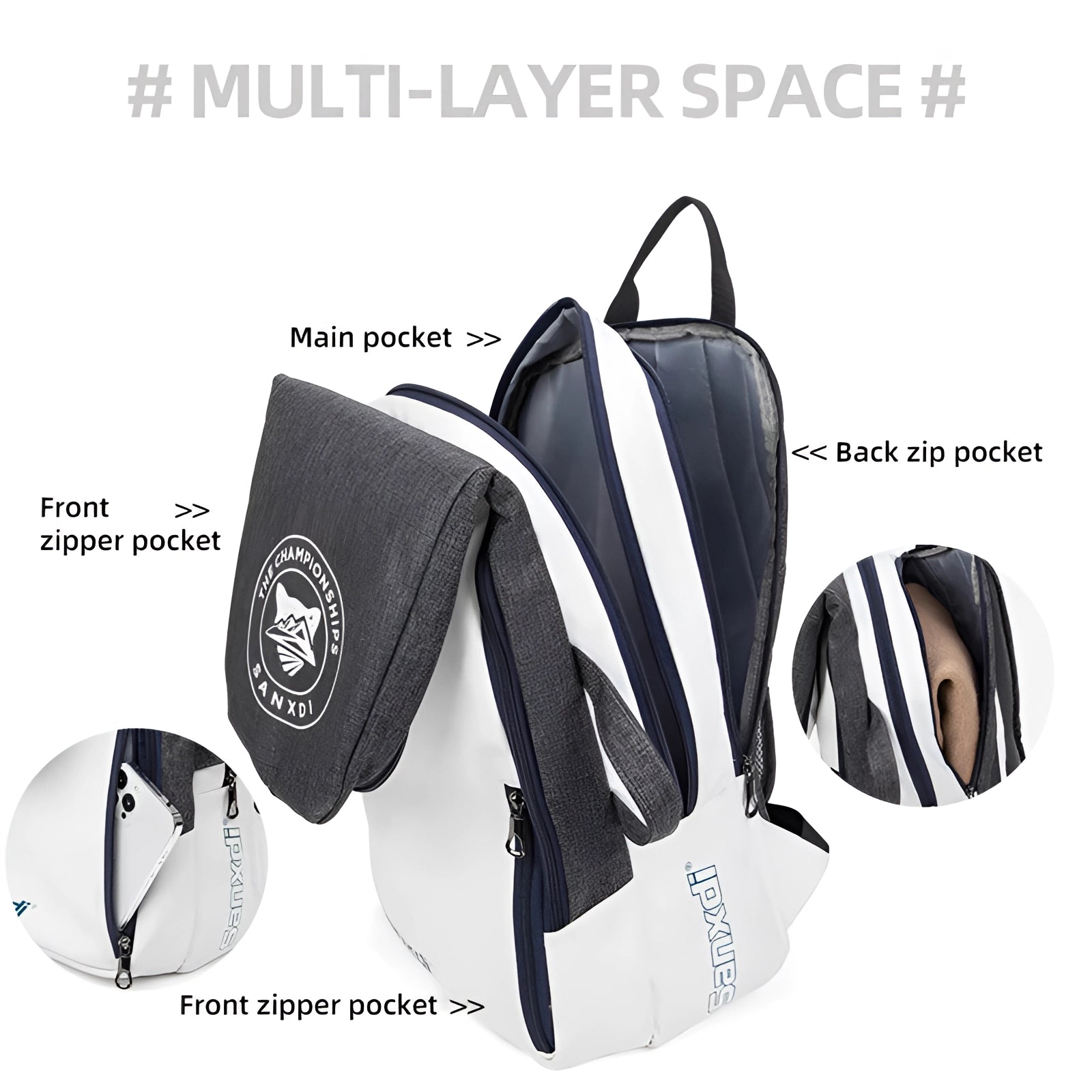 White multifunctional backpack with a sleek, slim design featuring durable straps and compartments, ideal for urban commuting.