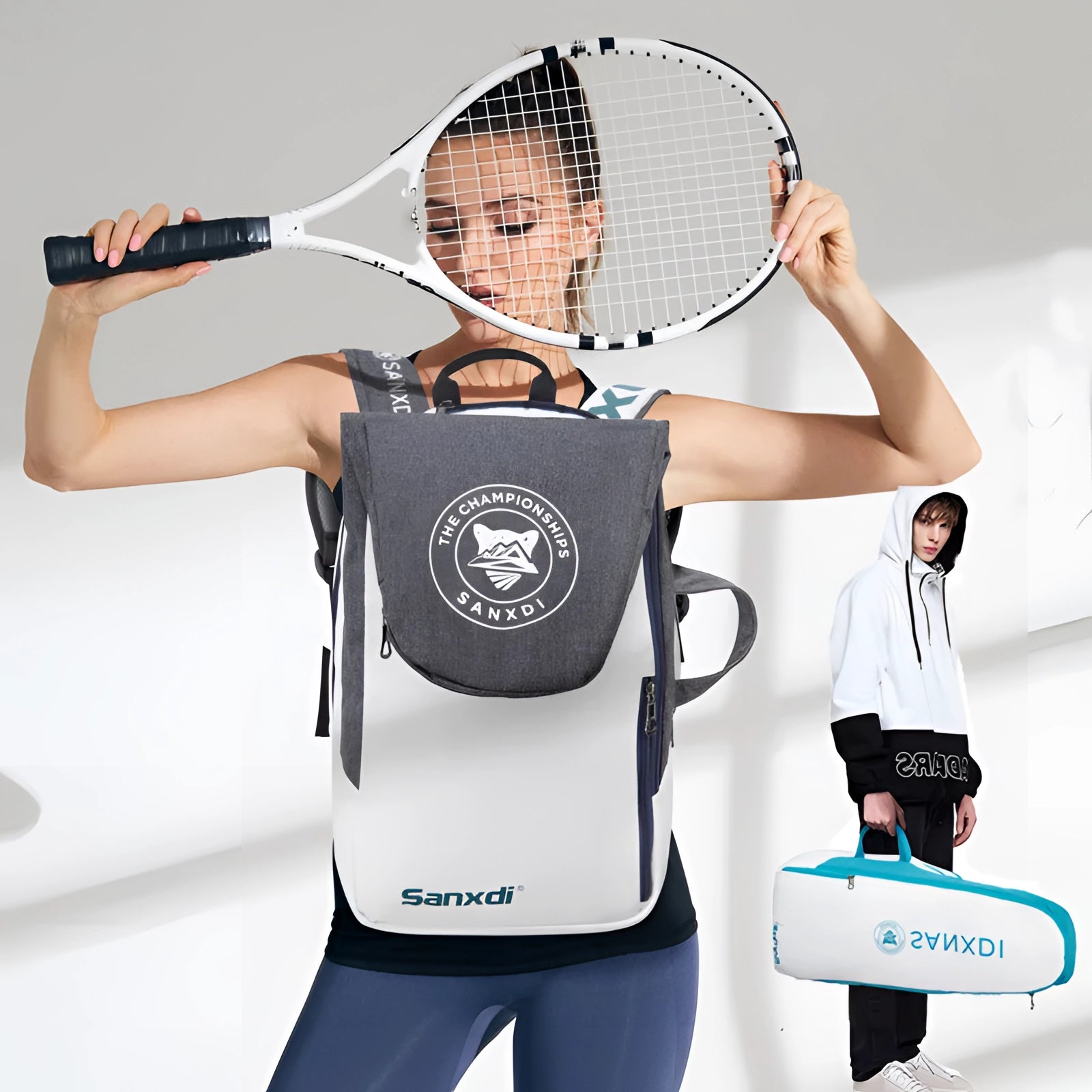 Sanxdi Slim White Multifunctional Backpack designed for urban commuters, featuring spacious compartments suitable for carrying sports equipment like tennis rackets and accessories.