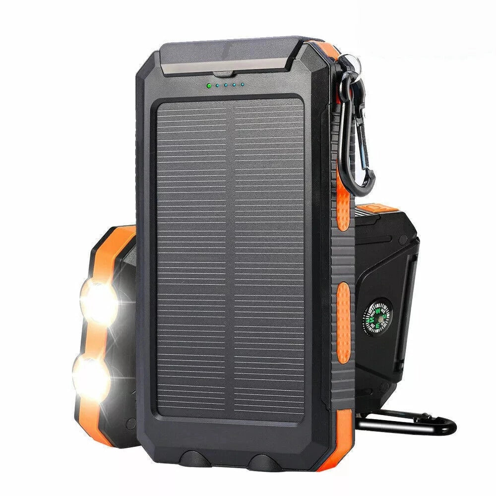 Orange solar-powered waterproof Bluetooth speaker with LED lights, eco-friendly outdoor design.