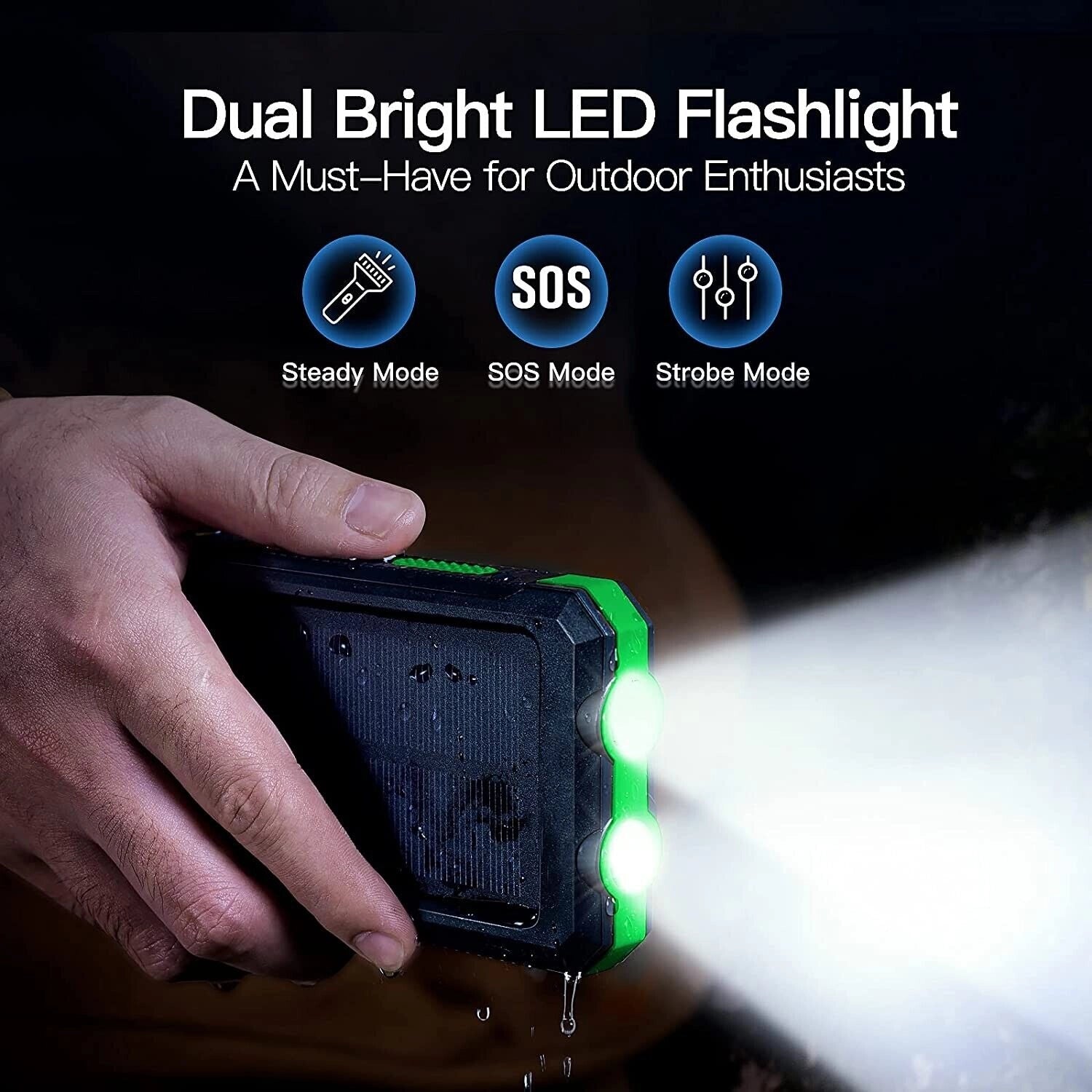 A solar-powered waterproof Bluetooth speaker with LED lights, designed for eco-friendly outdoor use, displayed on a wrist.