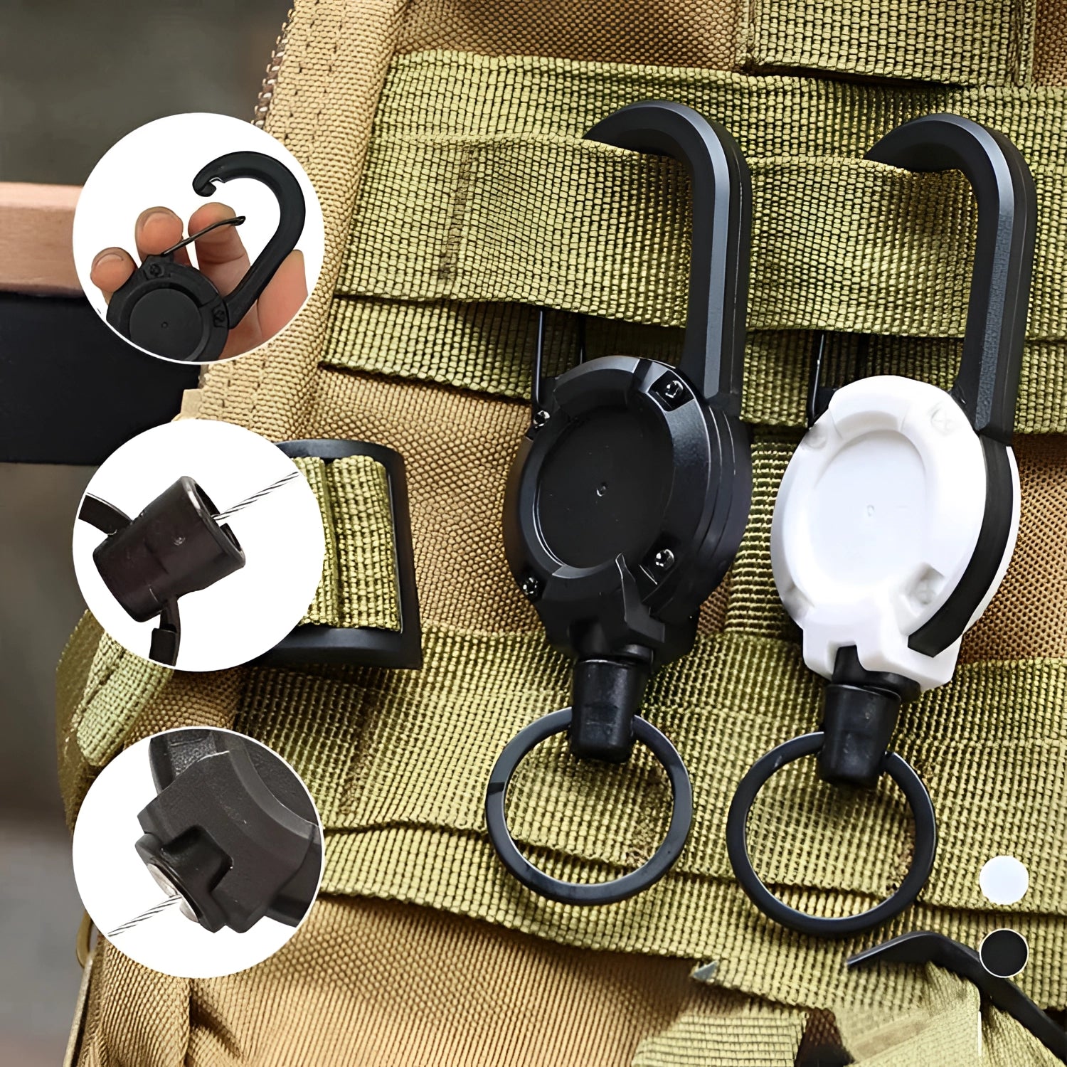 A set of durable quick release D-ring clips designed for tactical backpacks and military gear.