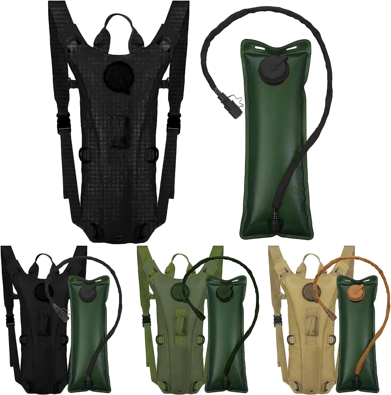 Tactical camo hydration backpack 3L in green, white, and black colors, featuring a lightweight and durable design for outdoor use.