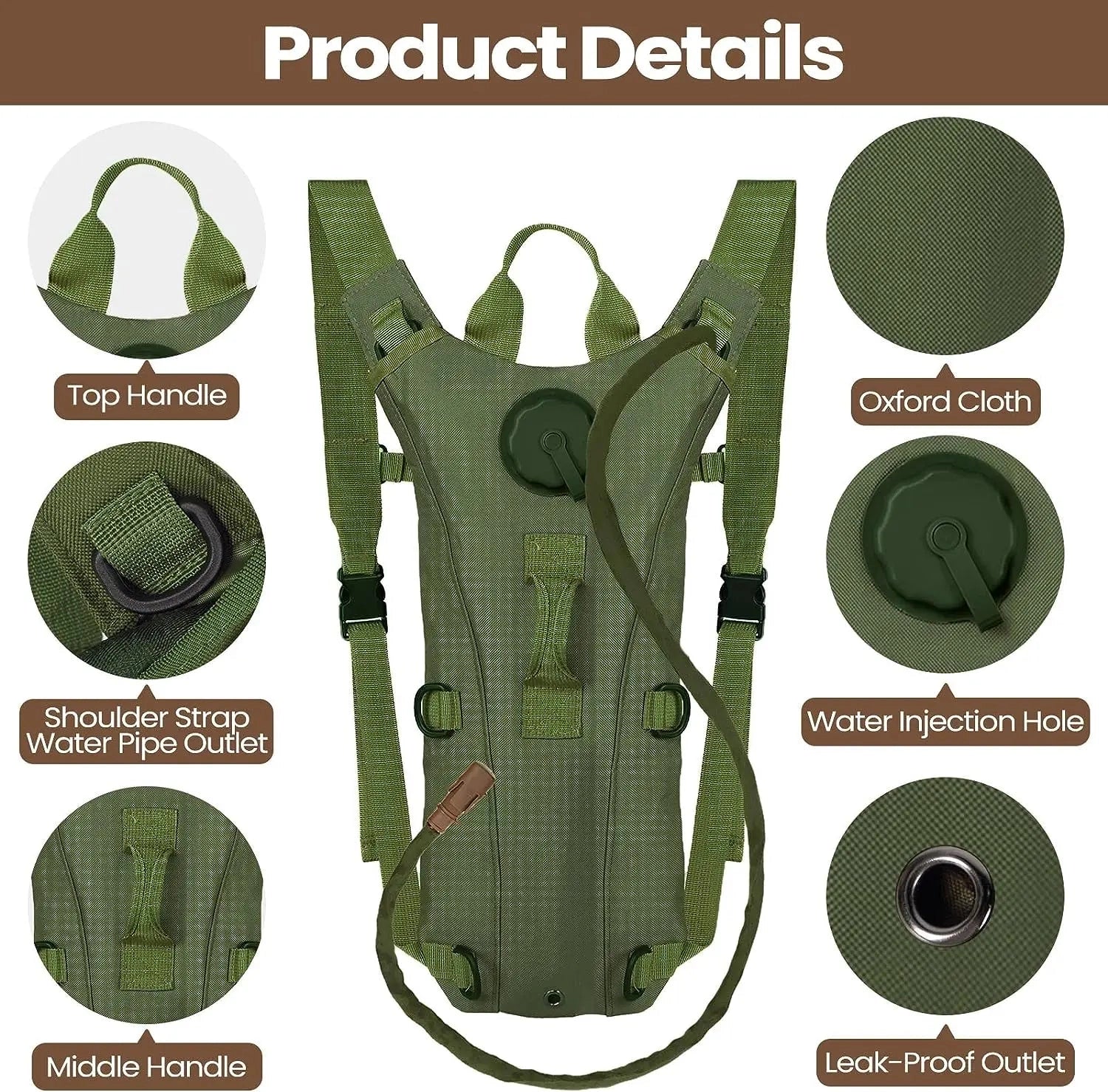 A green tactical camo hydration backpack with a 3-liter capacity, featuring a durable and lightweight design, ideal for outdoor activities.