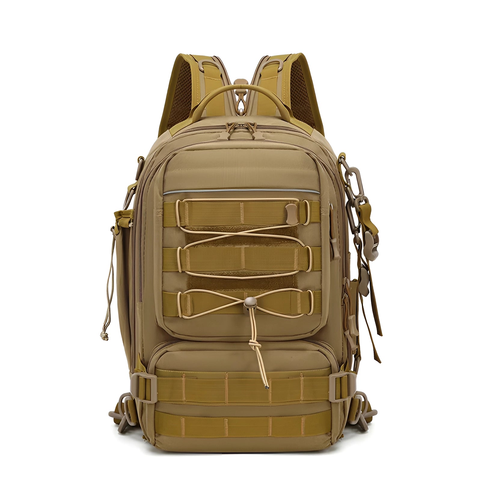 Khaki tactical camouflage backpack with MOLLE webbing, water-resistant material, and a spacious rectangular design.