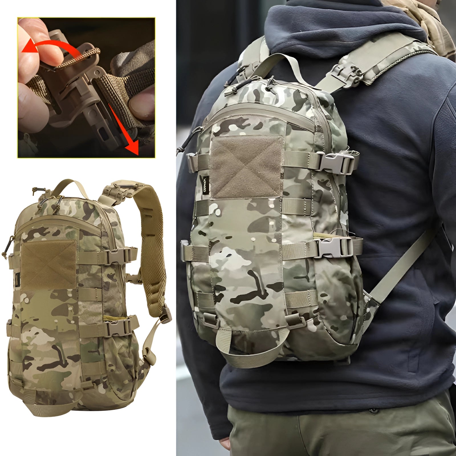 Tactical camouflage backpack featuring a military-grade design with a waterproof exterior and MOLLE system for attachment flexibility.