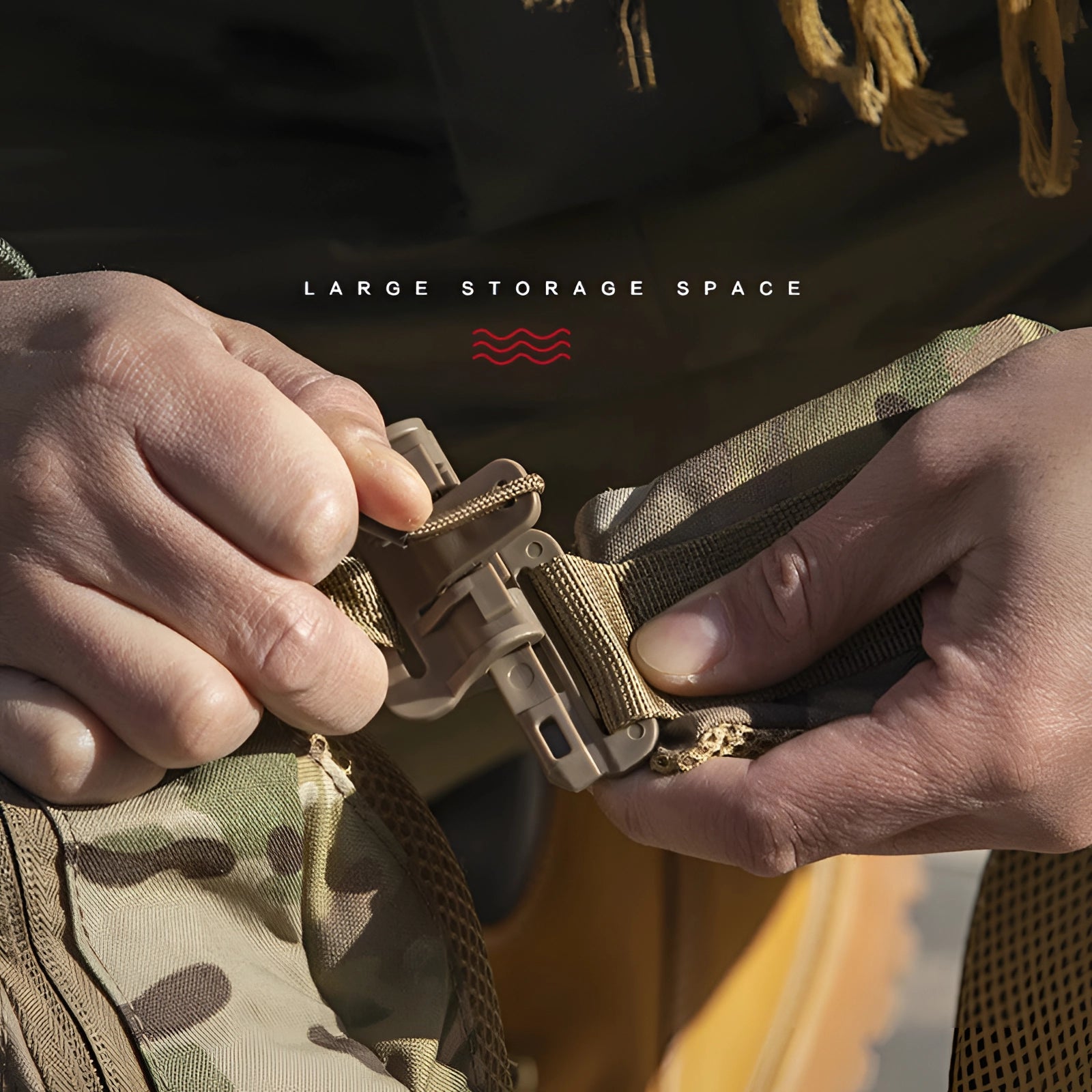 Tactical camouflage backpack, military-grade, featuring a waterproof design and MOLLE system, prominently displayed on a surface with a hand partially visible in the background.