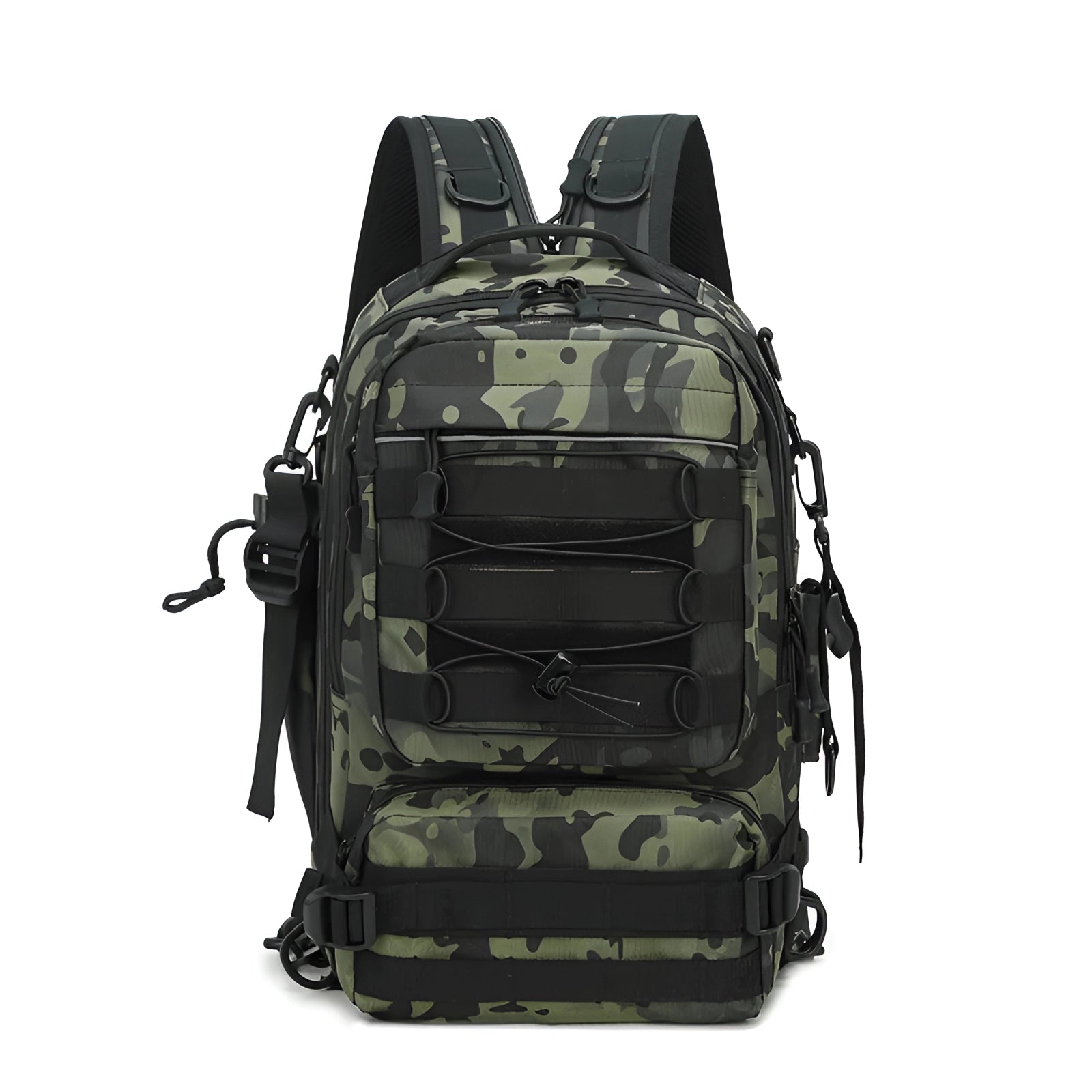 Tactical camouflage backpack in Black CP variant with military MOLLE design, featuring a water-resistant fabric, multiple compartments, and adjustable straps, suitable for travel and outdoor activities.