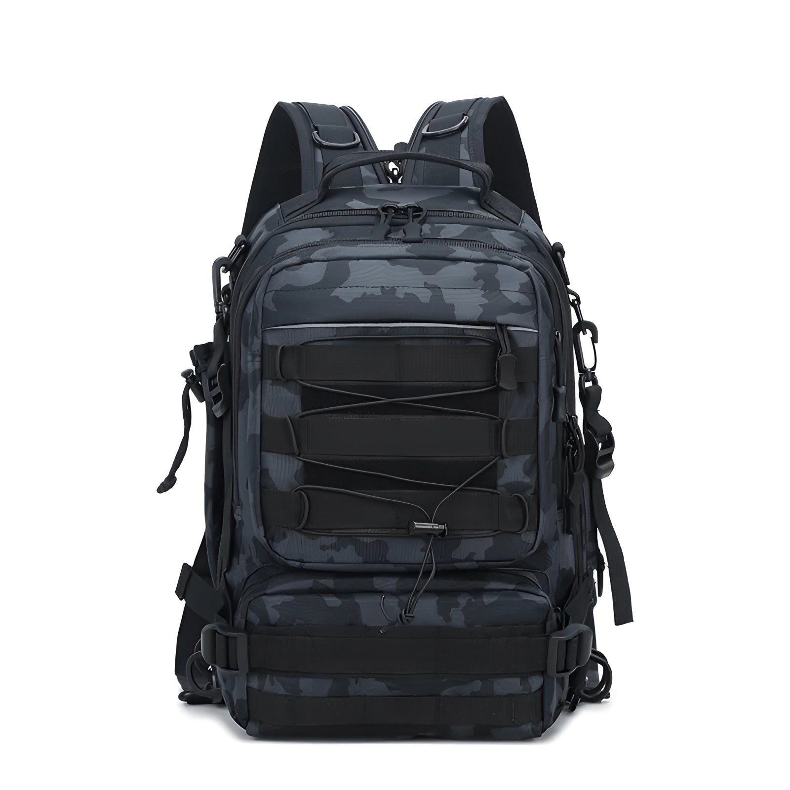 Black camouflage tactical backpack with MOLLE system, showcasing a water-resistant design suitable for military use.