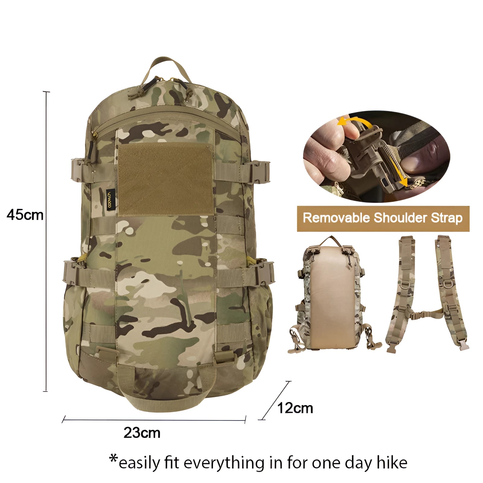 Tactical camouflage backpack with military-grade design, featuring a waterproof material and MOLLE system for attaching additional gear, shown against a neutral background.