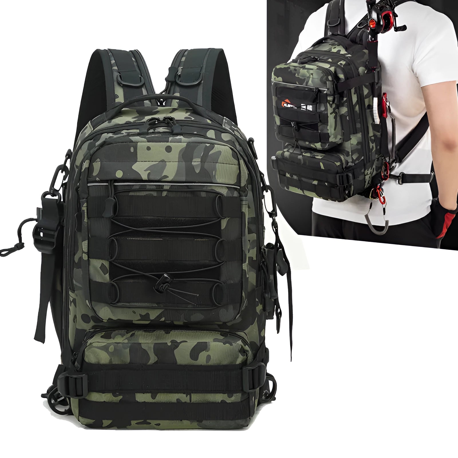 Tactical camouflage backpack with military MOLLE system, designed for durability and water resistance, featuring multiple compartments and adjustable straps.