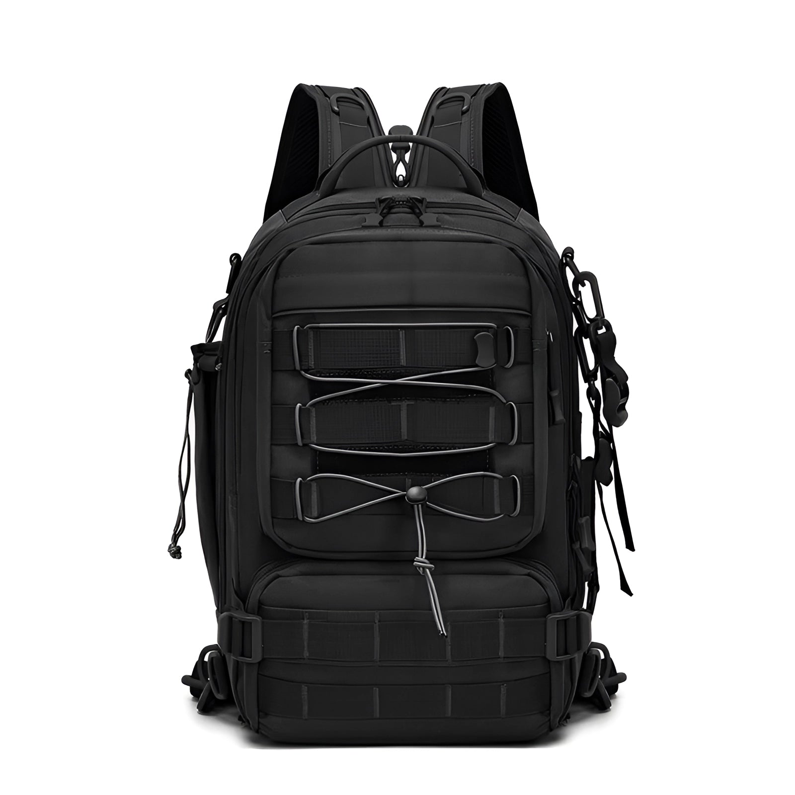 Tactical Camouflage Backpack in Black, featuring a military MOLLE system, water-resistant material, and a stylish, patterned design.