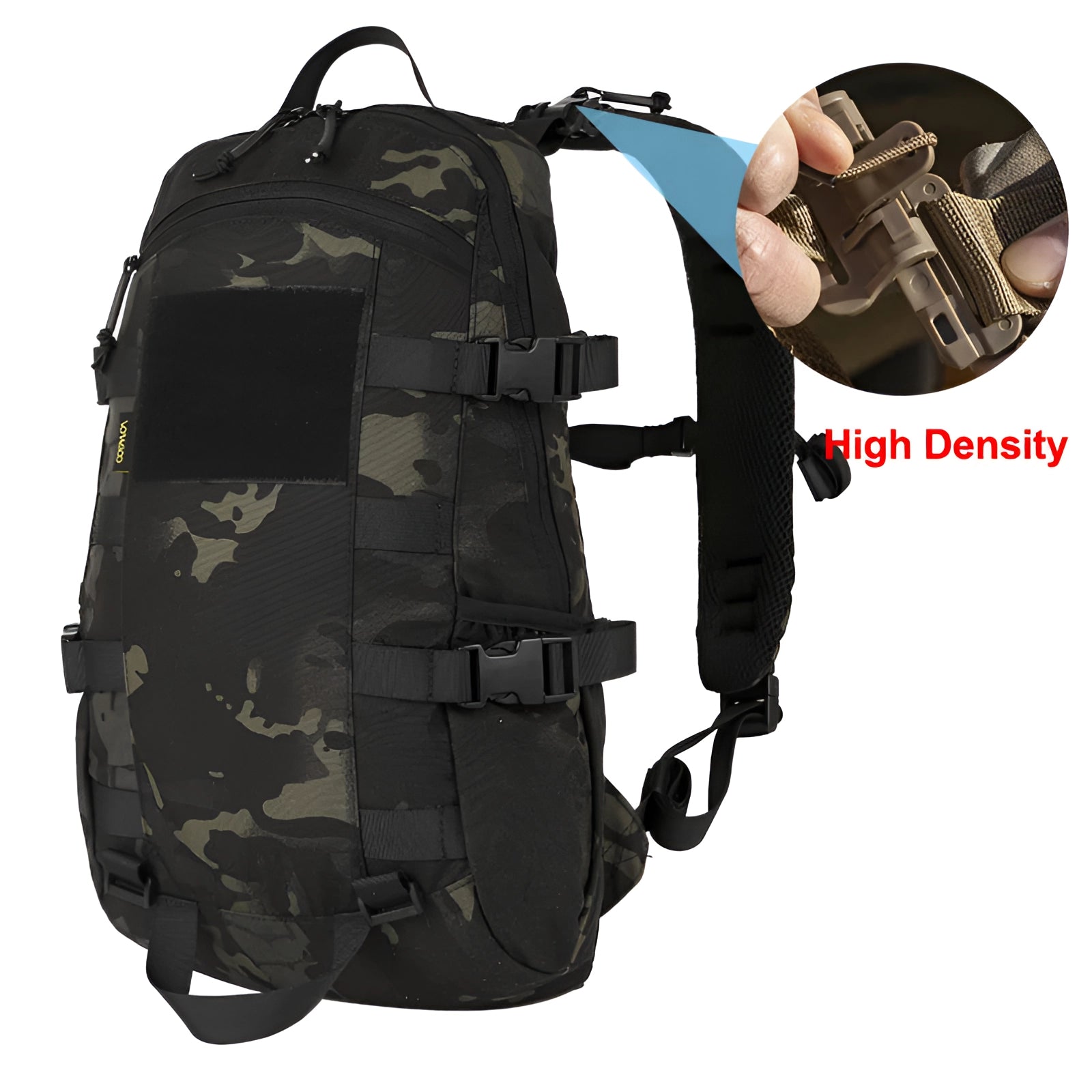 Tactical Camouflage Backpack in Black CP, featuring a military-grade design with waterproof material and a MOLLE system for versatile storage and attachment options.