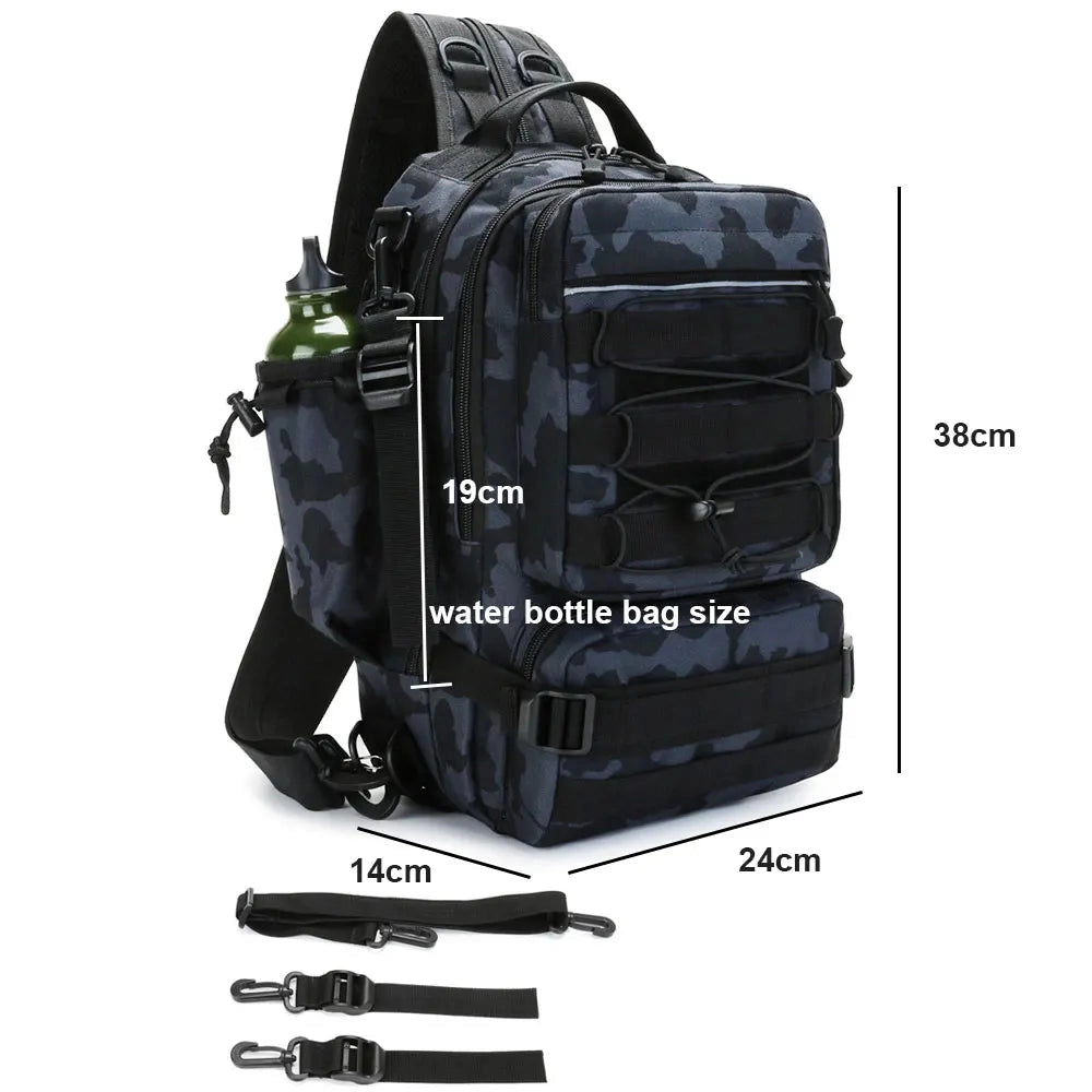 Tactical camouflage backpack featuring a military MOLLE design, water-resistant material, and multiple compartments, suitable for travel and outdoor activities.