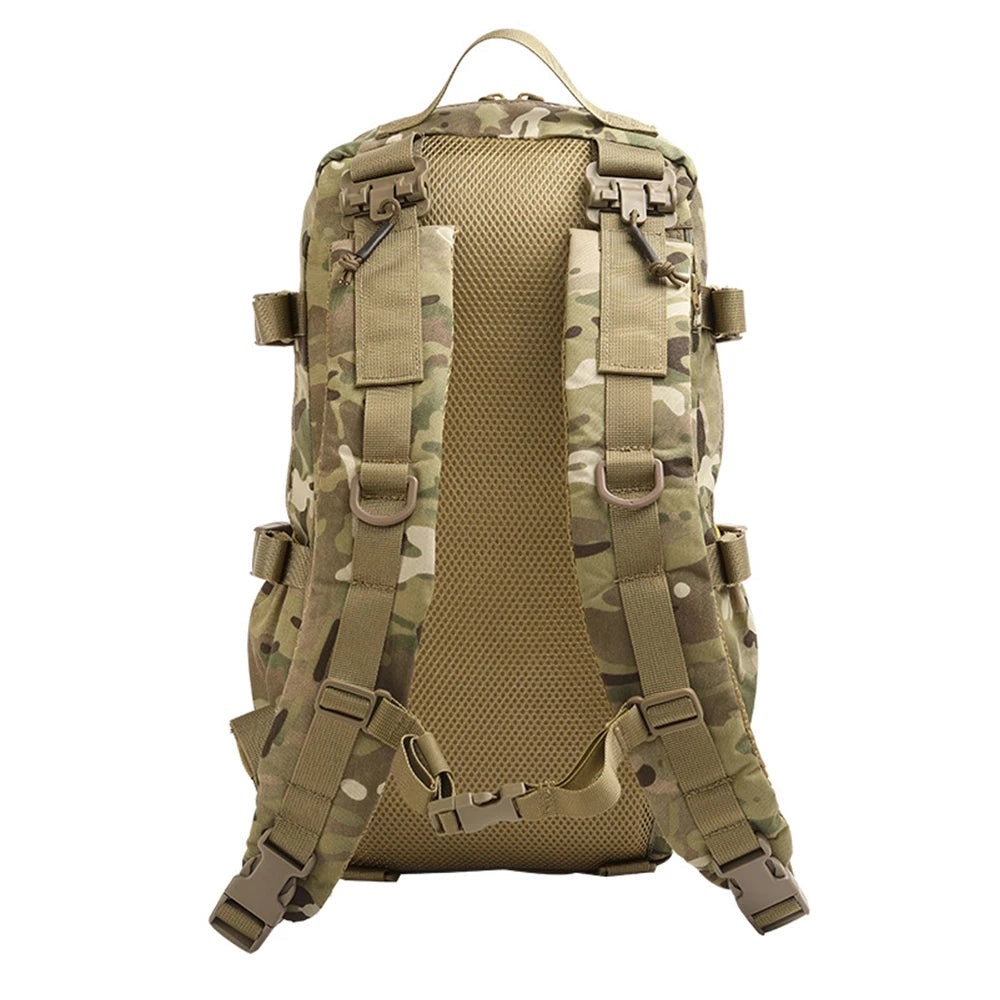 Tactical camouflage backpack with military-grade design, featuring a waterproof exterior and MOLLE system for versatile gear attachment.