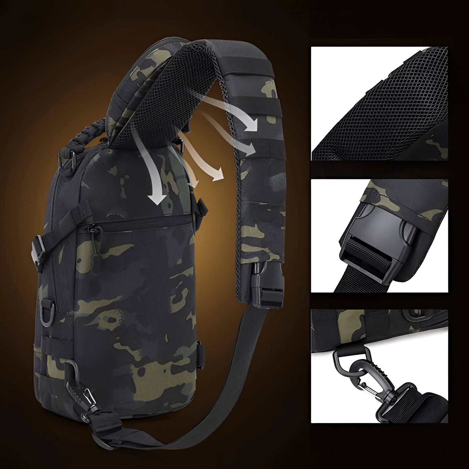 Tactical chest bag featuring durable fabric with a camouflage pattern, modular pouches, and adjustable straps, designed for outdoor use and carrying essential gear securely.