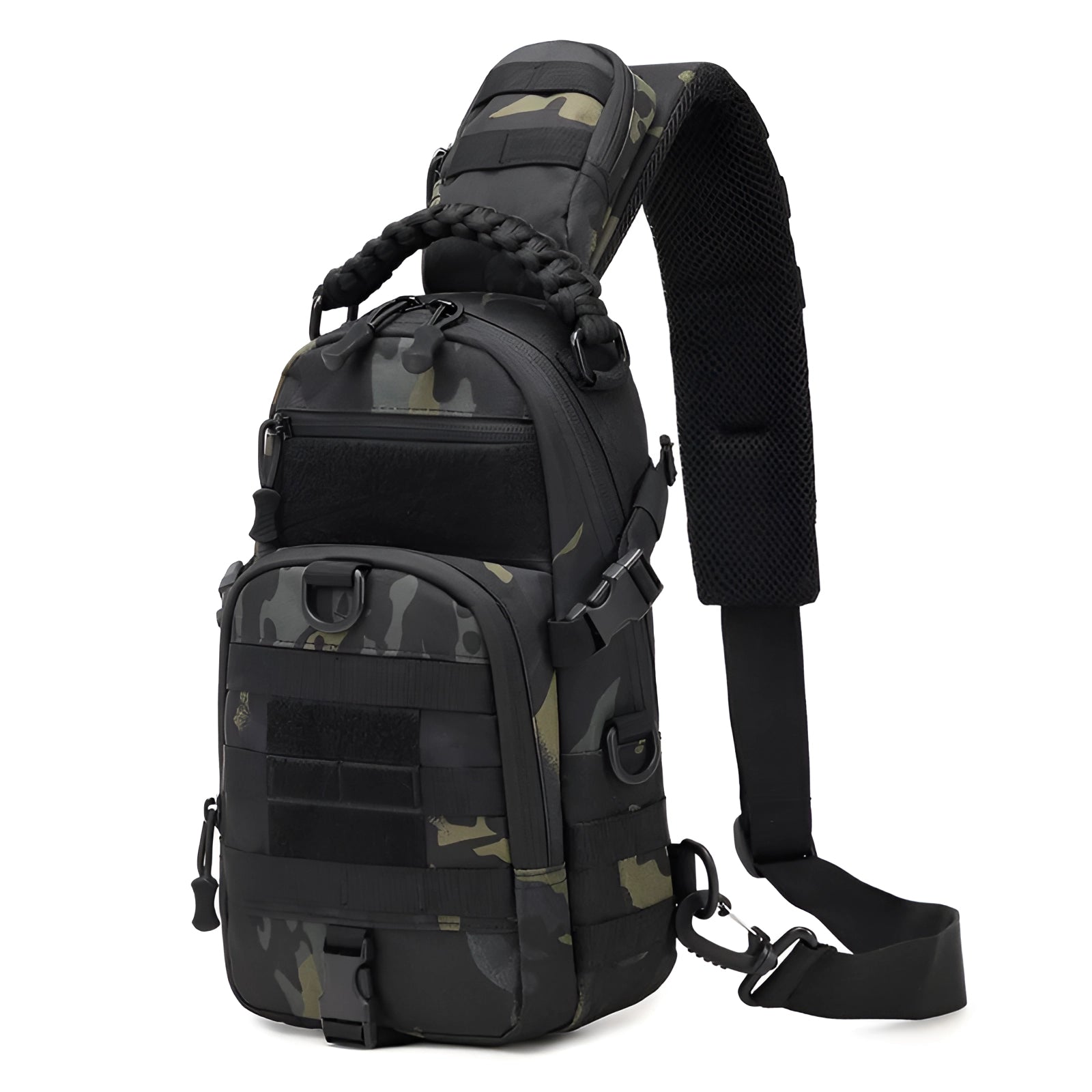 Tactical chest bag in black CP color, featuring durable materials with modular pouches, adjustable straps, and suitable for outdoor activities.