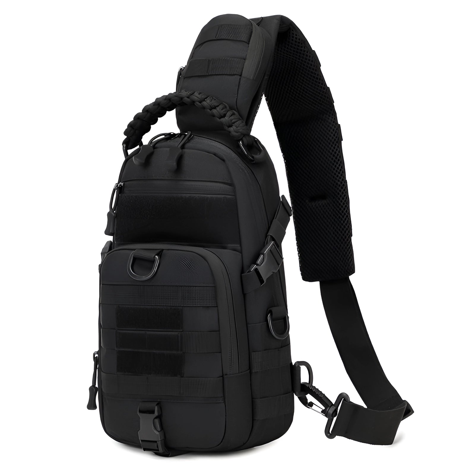 Durable black tactical chest bag with modular pouches, designed for outdoor use, featuring adjustable straps and multiple compartments for efficient storage and organization.