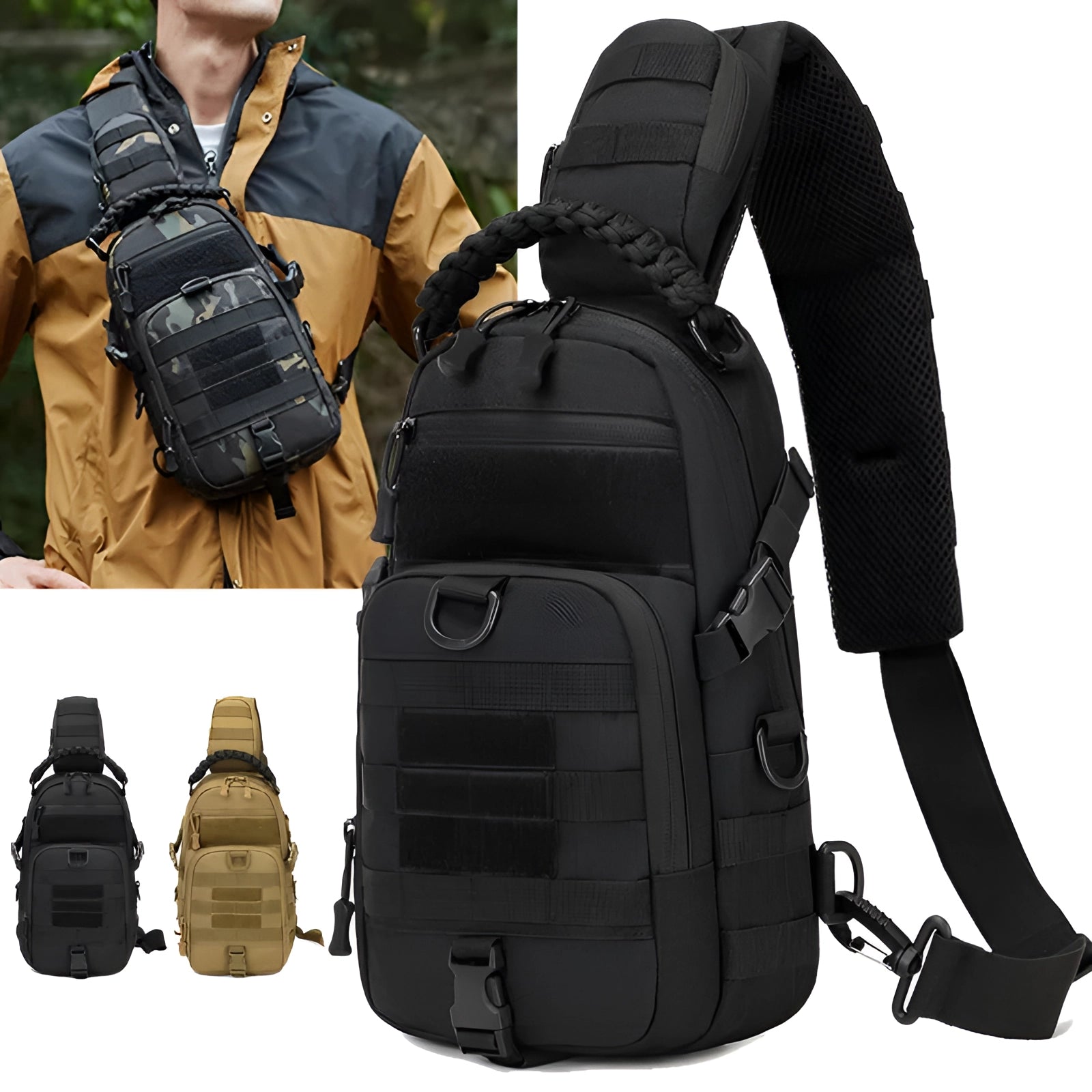 Tactical chest bag featuring modular pouches, designed for outdoor use with durable materials, resembling a ballistic vest style.