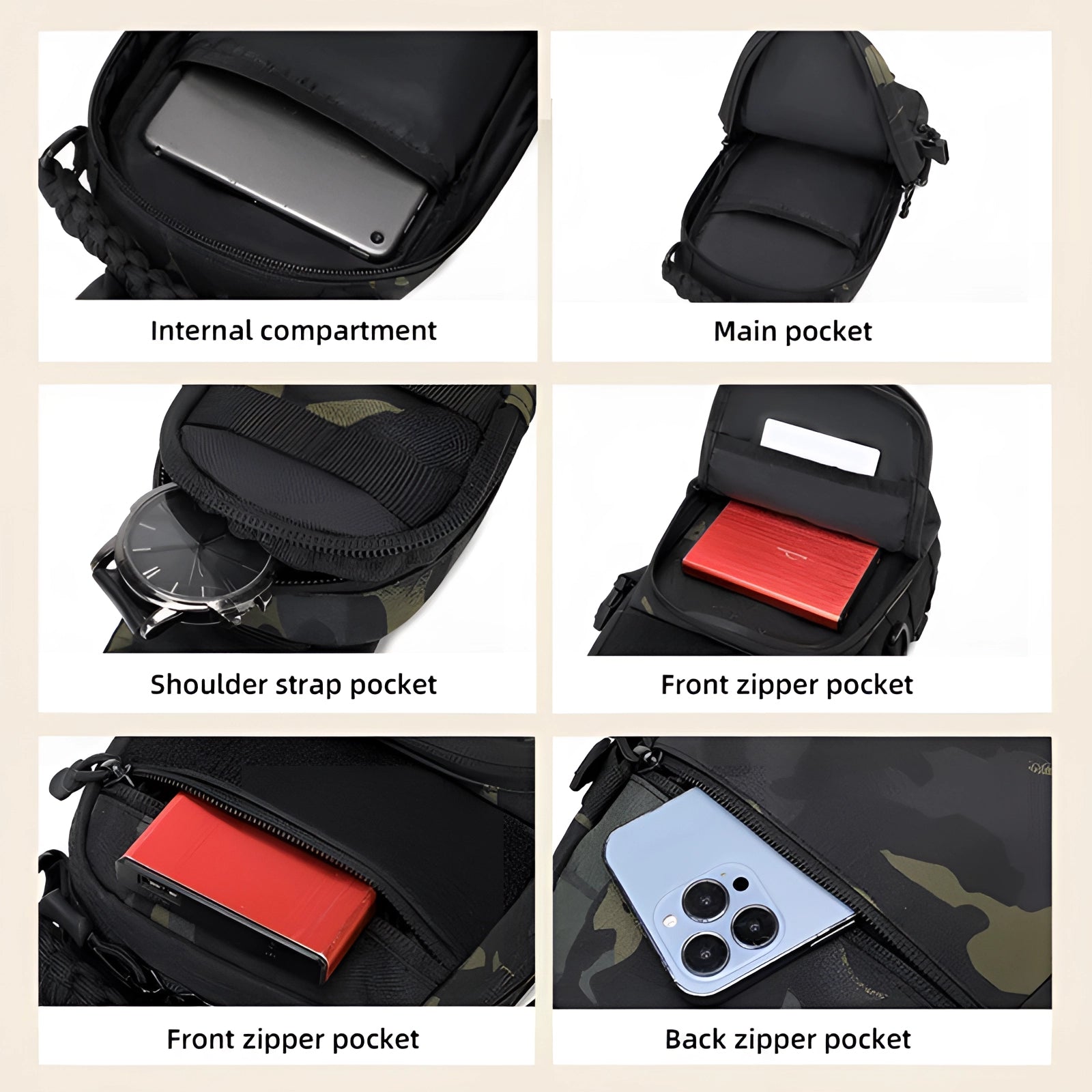 Tactical black chest bag featuring durable material with modular pouches, ideal for outdoor activities and travel.